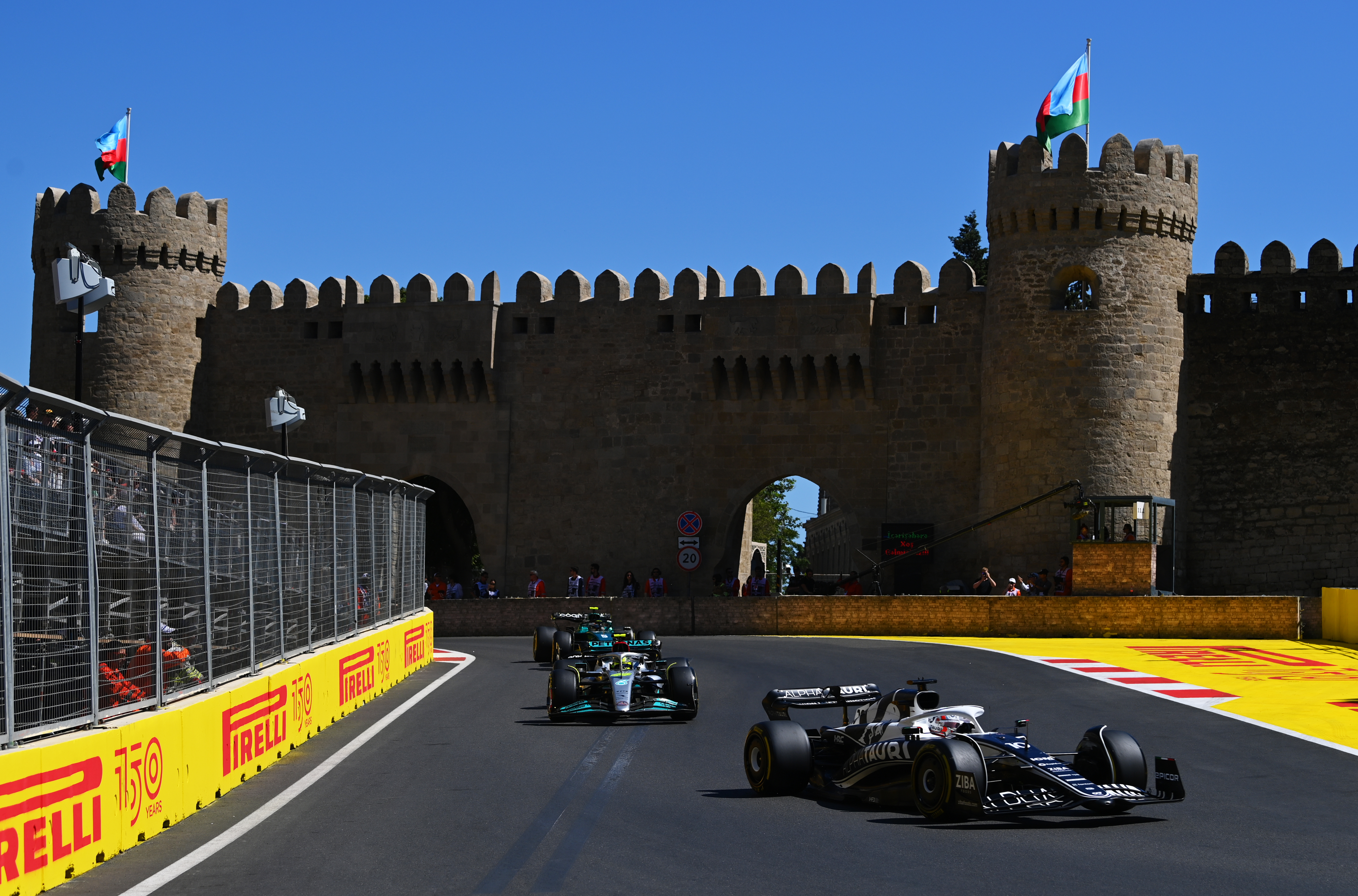 Pierre Gasly leads Lewis Hamilton during the Azerbaijan Grand Prix.