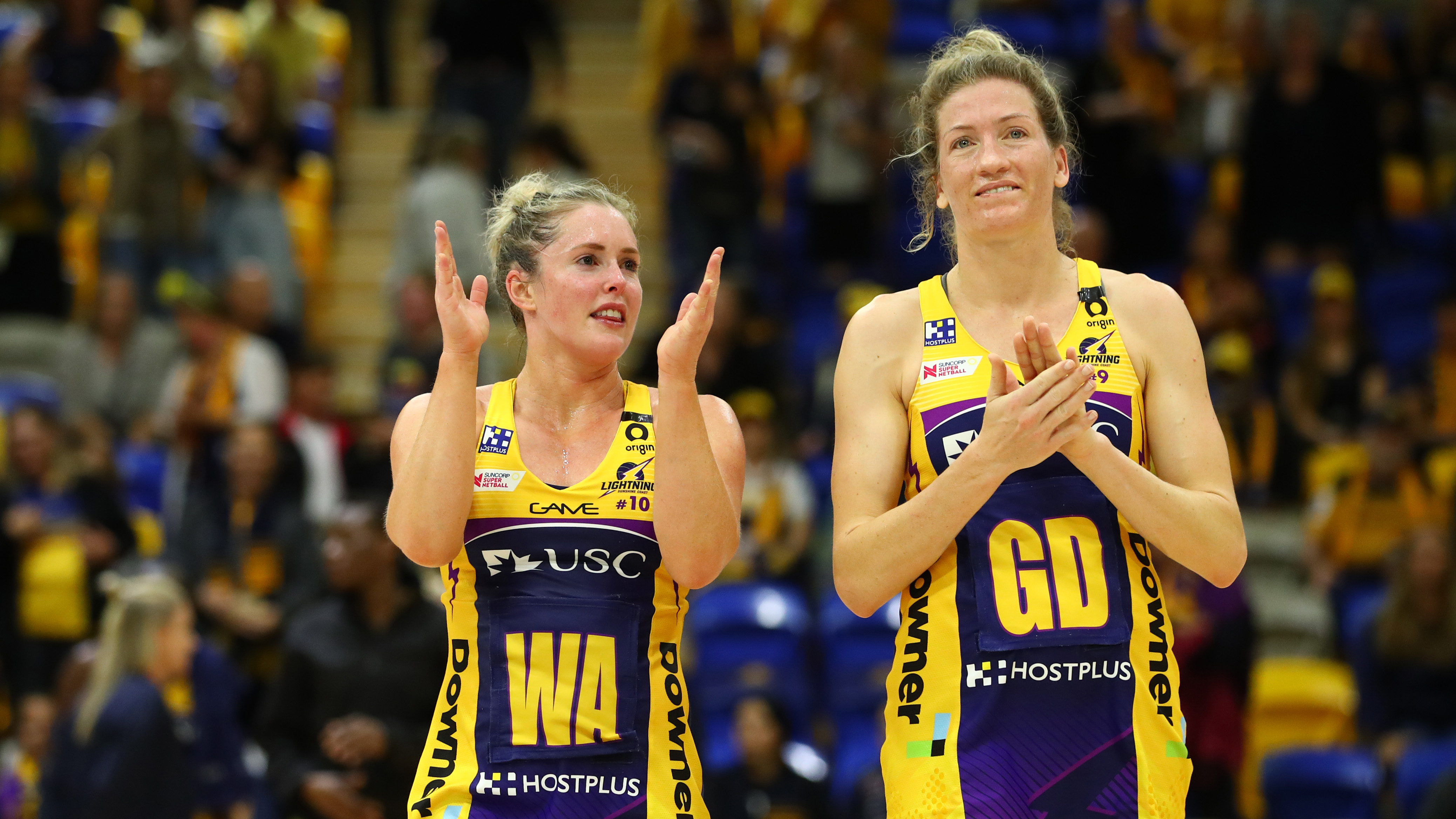 Lightning players Laura Scherian and Karla Pretorius celebrate their comeback win.
