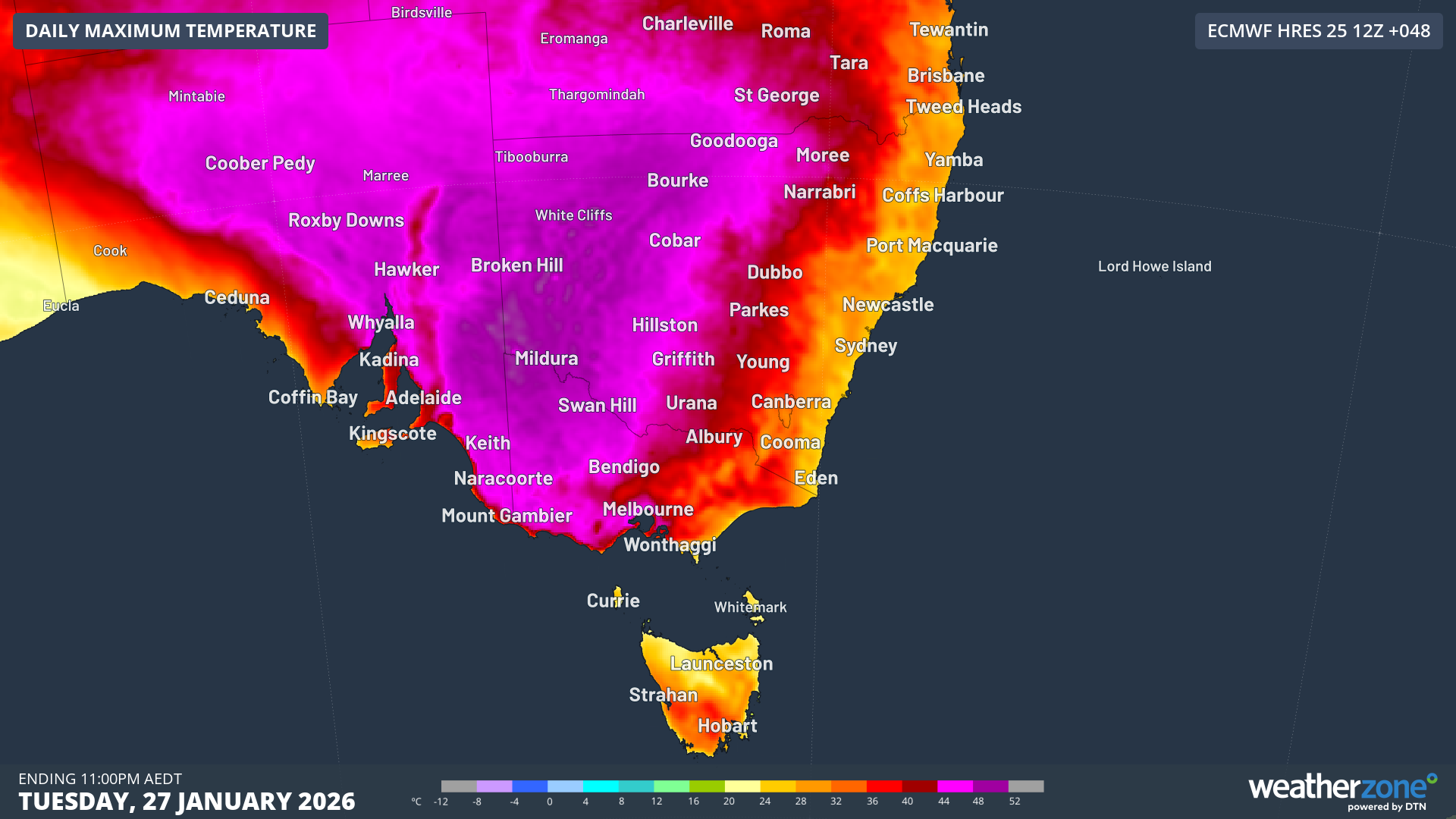 The extreme temperature forecast for southeastern Australia tomorrow.