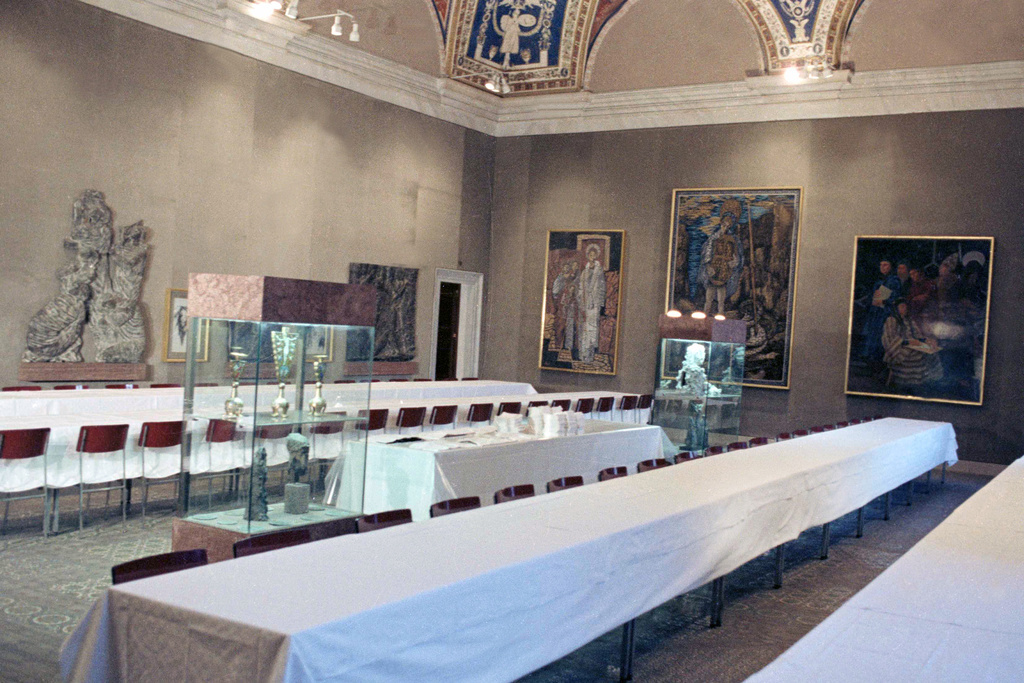 A view of the Cardinals' tables in the Sistine Chapel in Vatican City. The conclave will celebrate Mass here for prayers for inspiration to elect the successor.