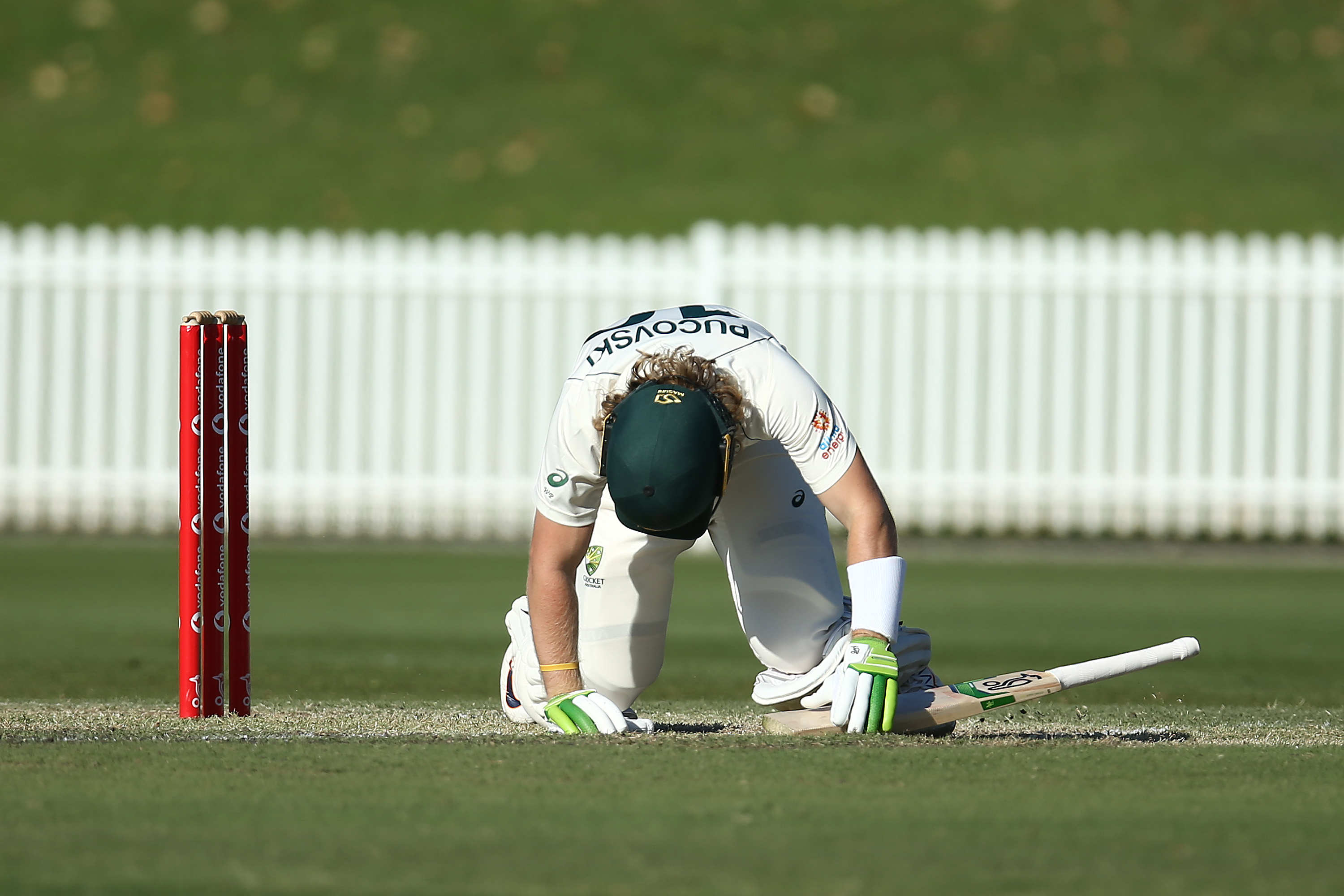 Will Pucovski of Australia A lies injured after been struck in the helmet.