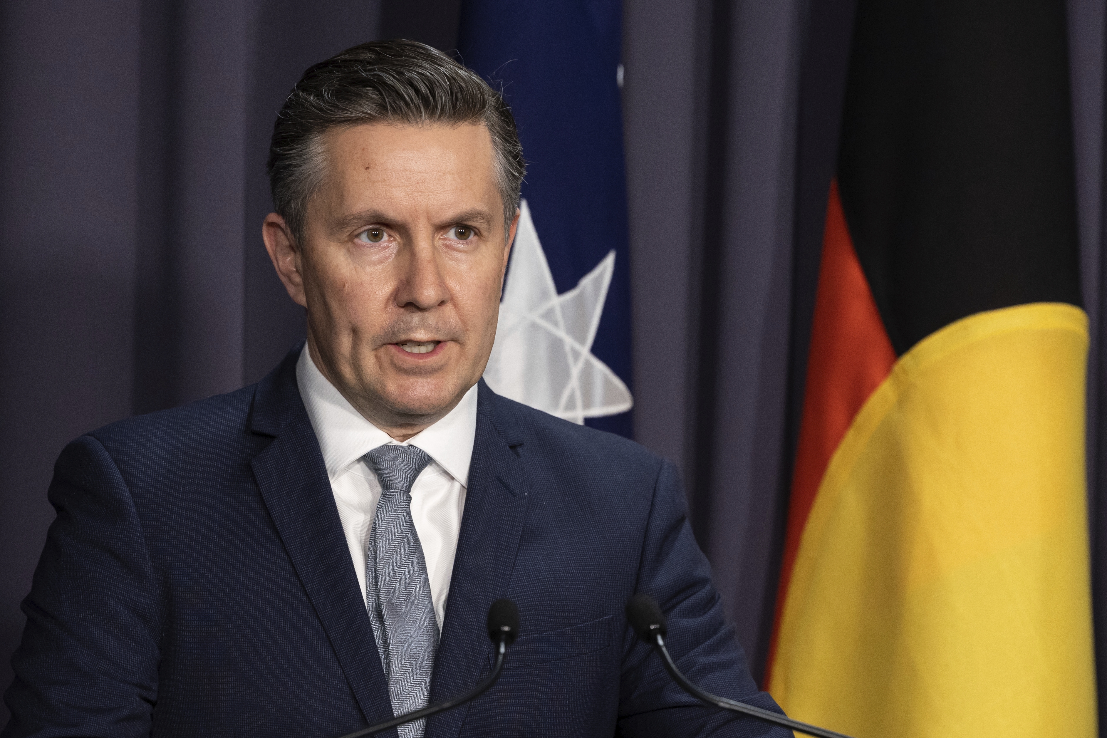 Minister for Health and Aged Care Mark Butler during a press conference at Parliament House in Canberra on Wednesday 3 August 2022. fedpol Photo: Alex Ellinghausen