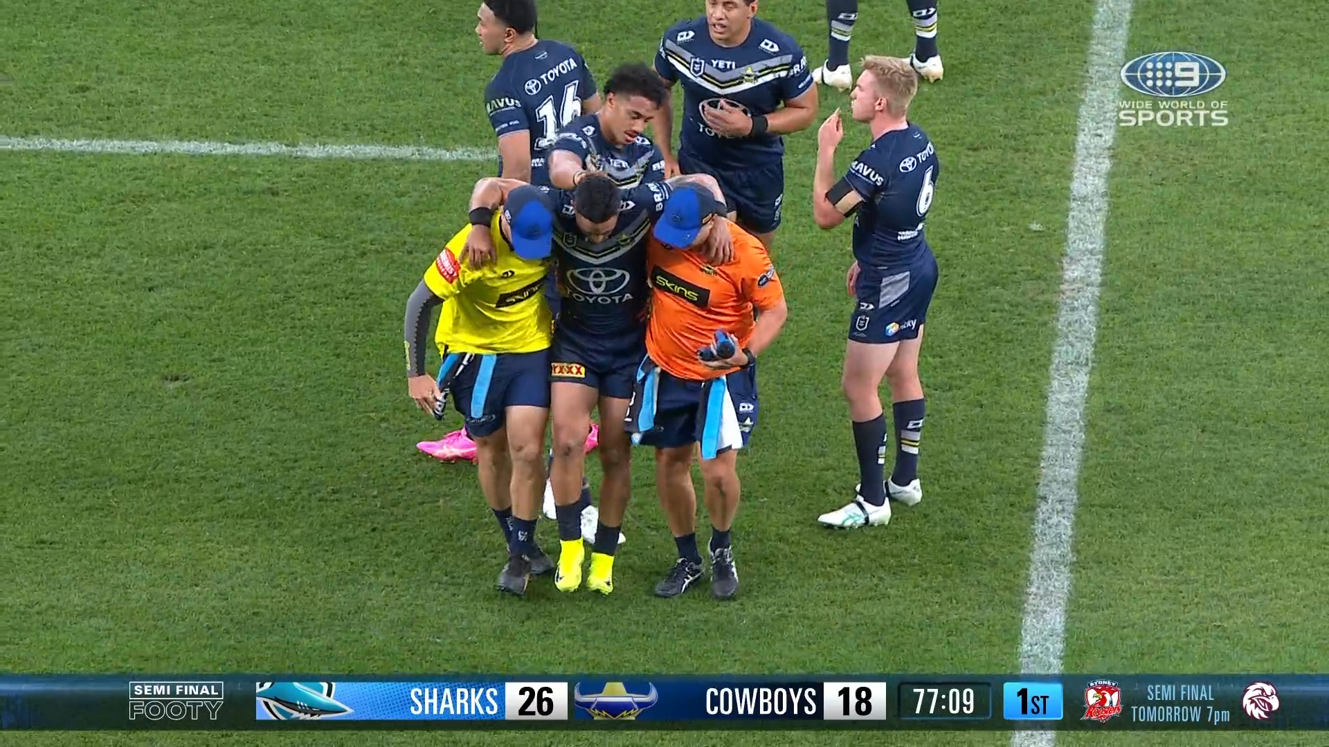 Valentine Holmes helped from the field. Sharks v Cowboys semi finals 2024.