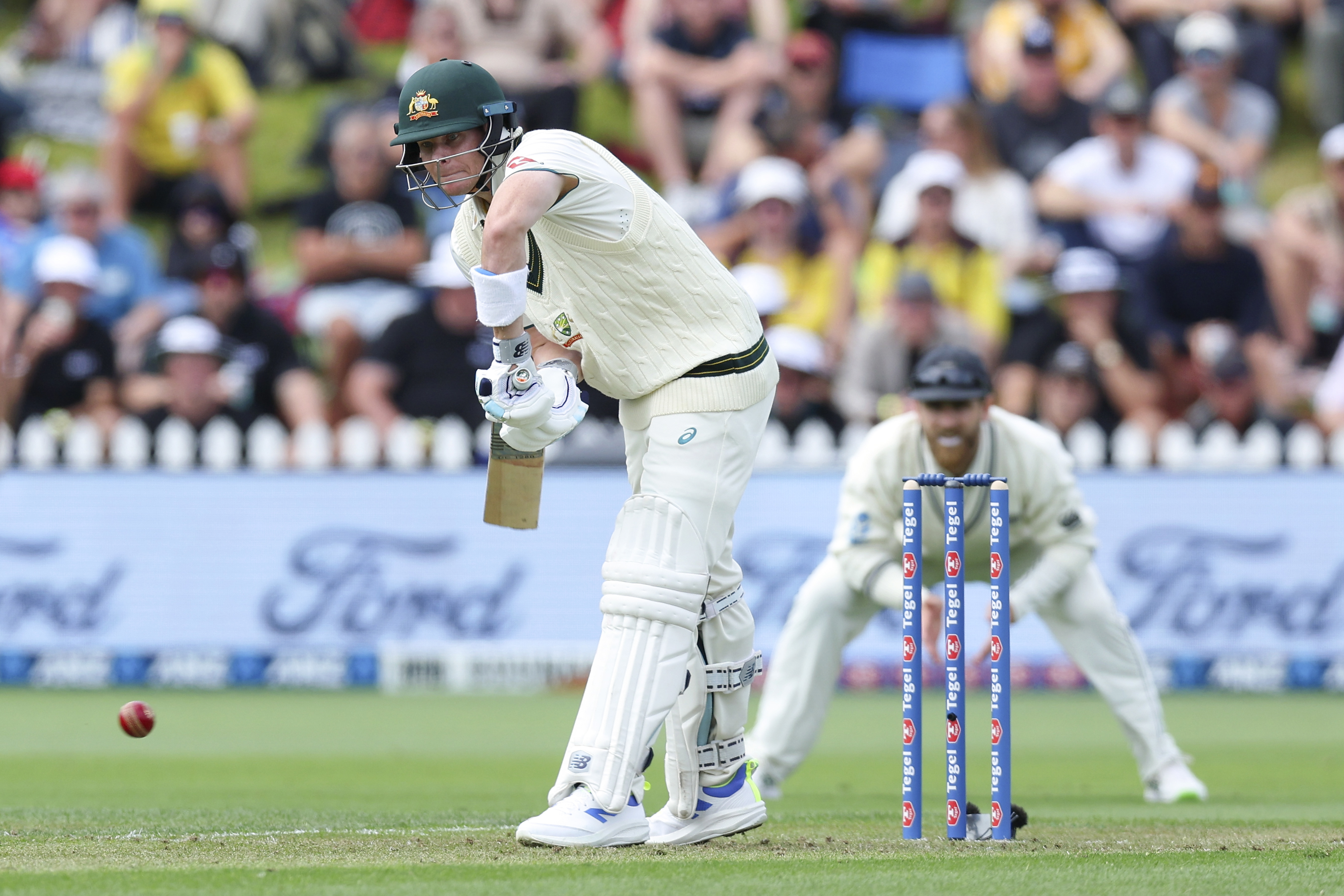 Steve Smith of Australia bats during day one of the First Test in the series between New Zealand and Australia at Basin Reserve on February 29, 2024 in Wellington, New Zealand. (Photo by Hagen Hopkins/Getty Images)