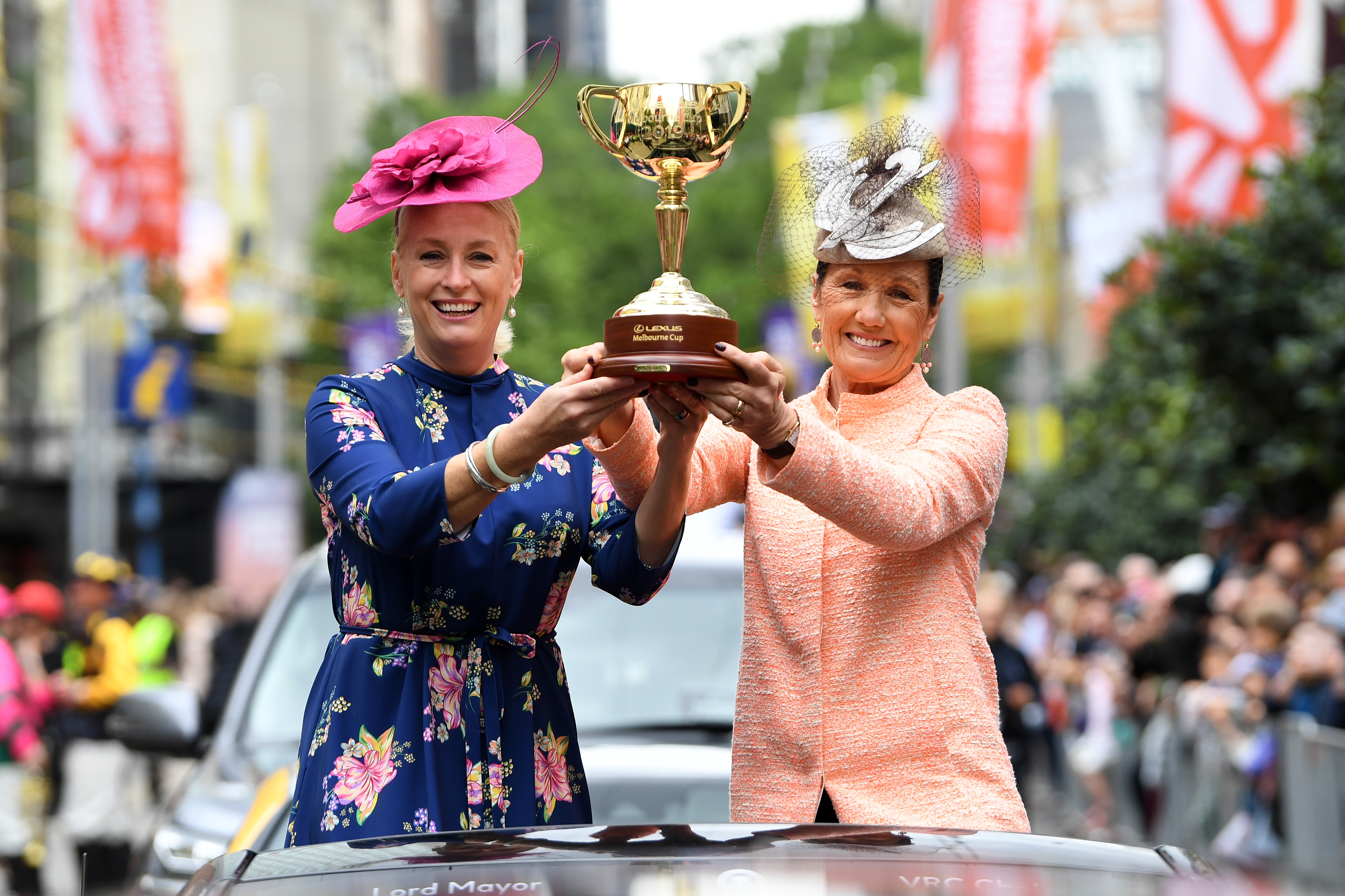 The 2019 Melbourne Cup trophy in pride of place at the parade.