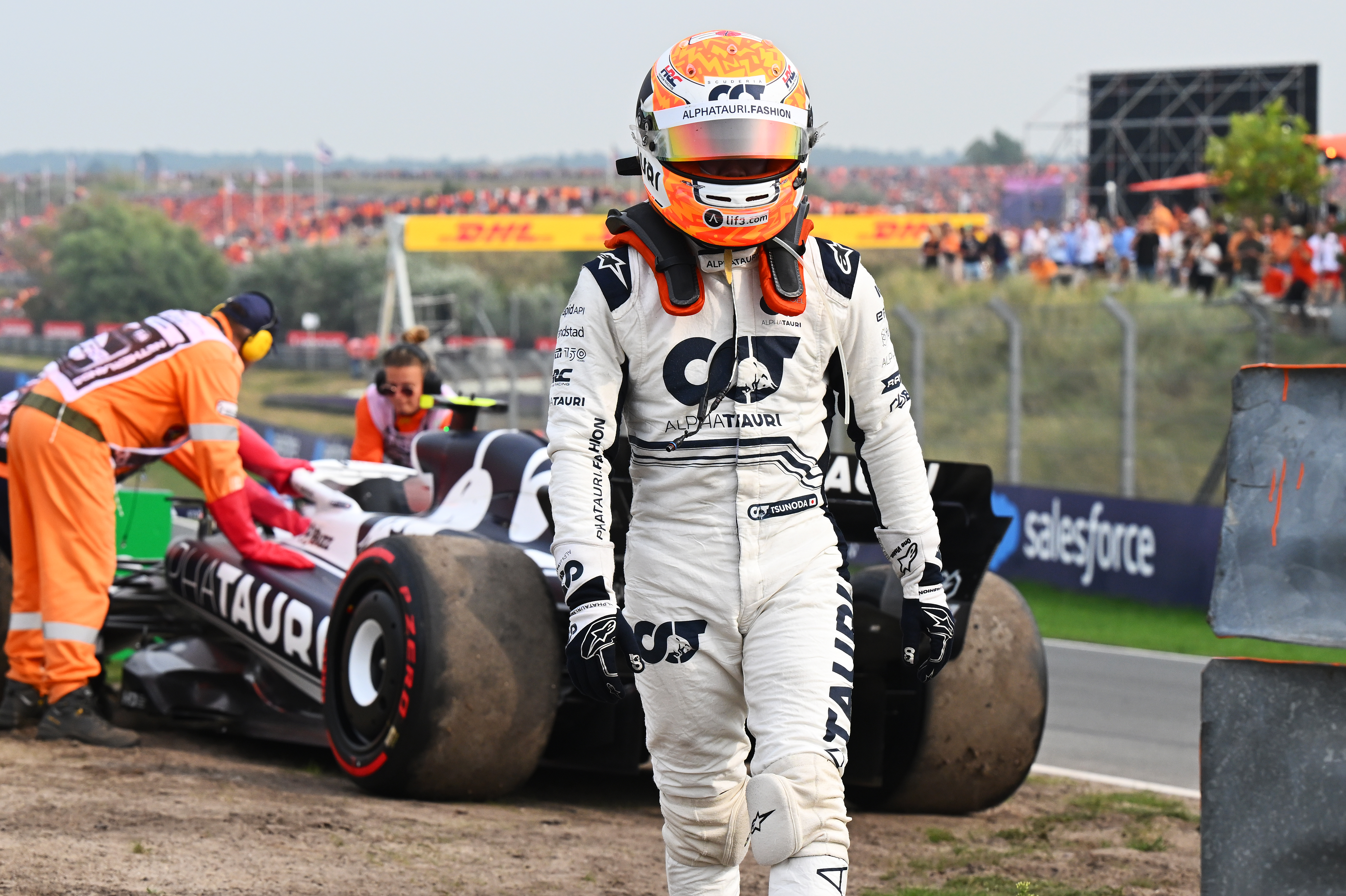 Yuki Tsunoda of Japan and Scuderia AlphaTauri looks on after stopping on track during the F1 Grand Prix of The Netherlands at Circuit Zandvoort on September 04, 2022 in Zandvoort, Netherlands. (Photo by Clive Mason/Getty Images)