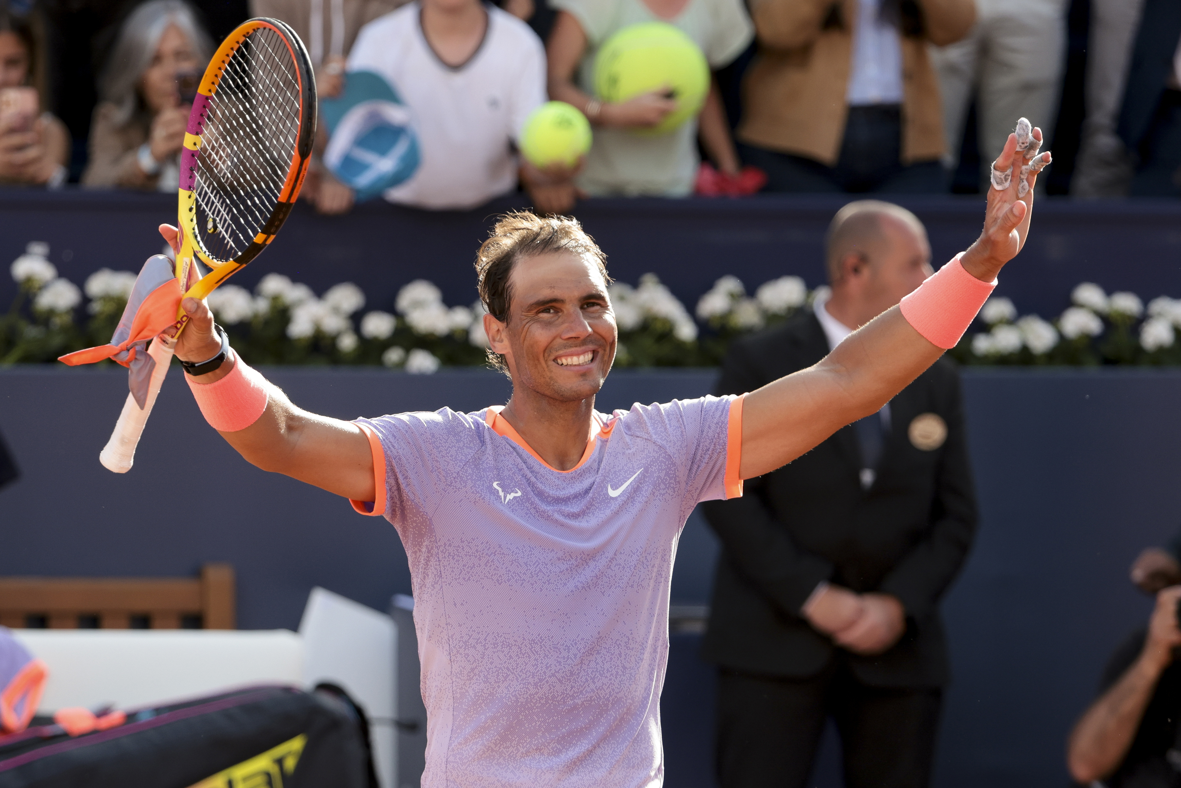 Rafael Nadal of Spain celebrates his first round victory over Flavio Cobolli of Italy on day two of the Barcelona Open.