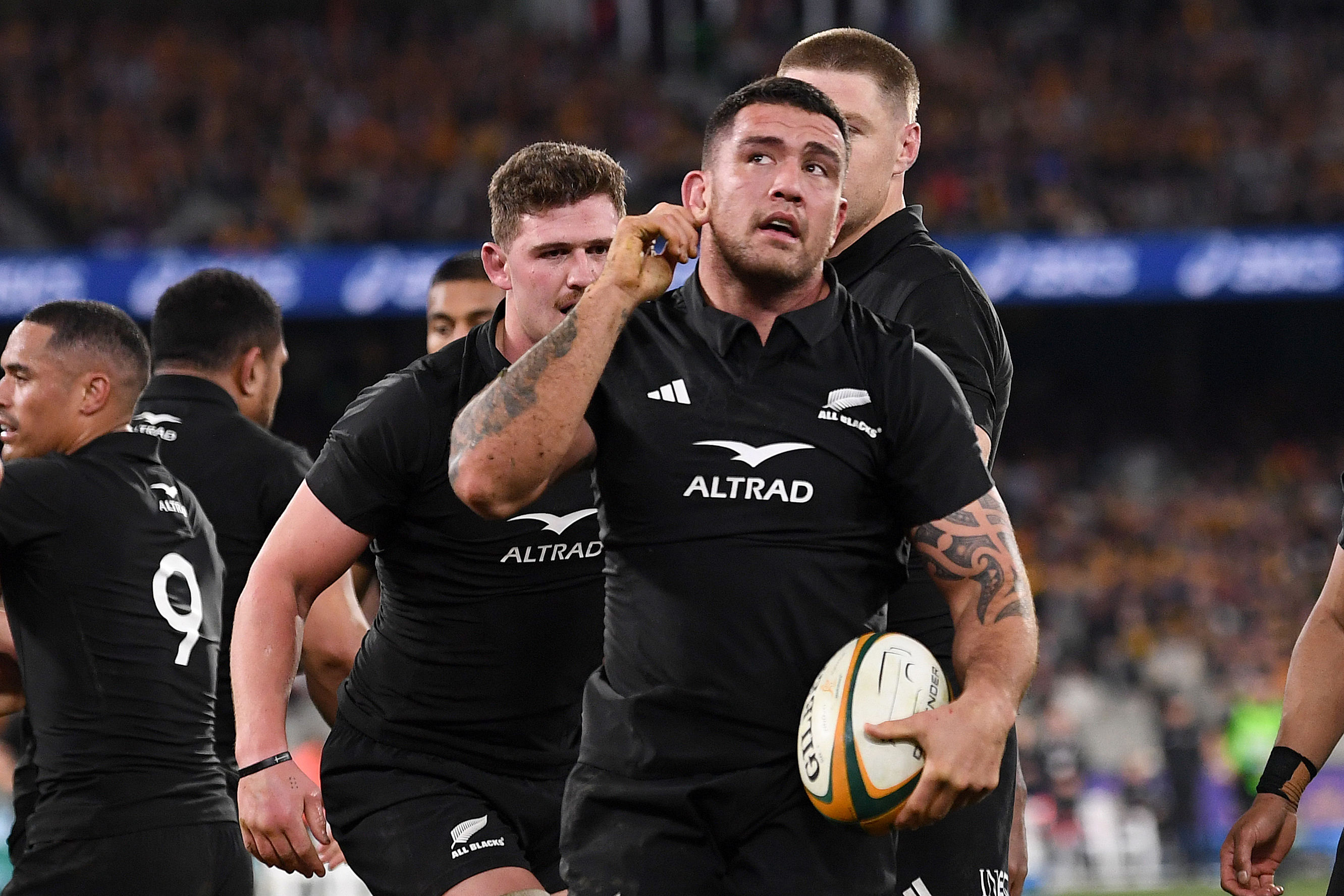 Codie Taylor of the All Blacks celebrates a try.