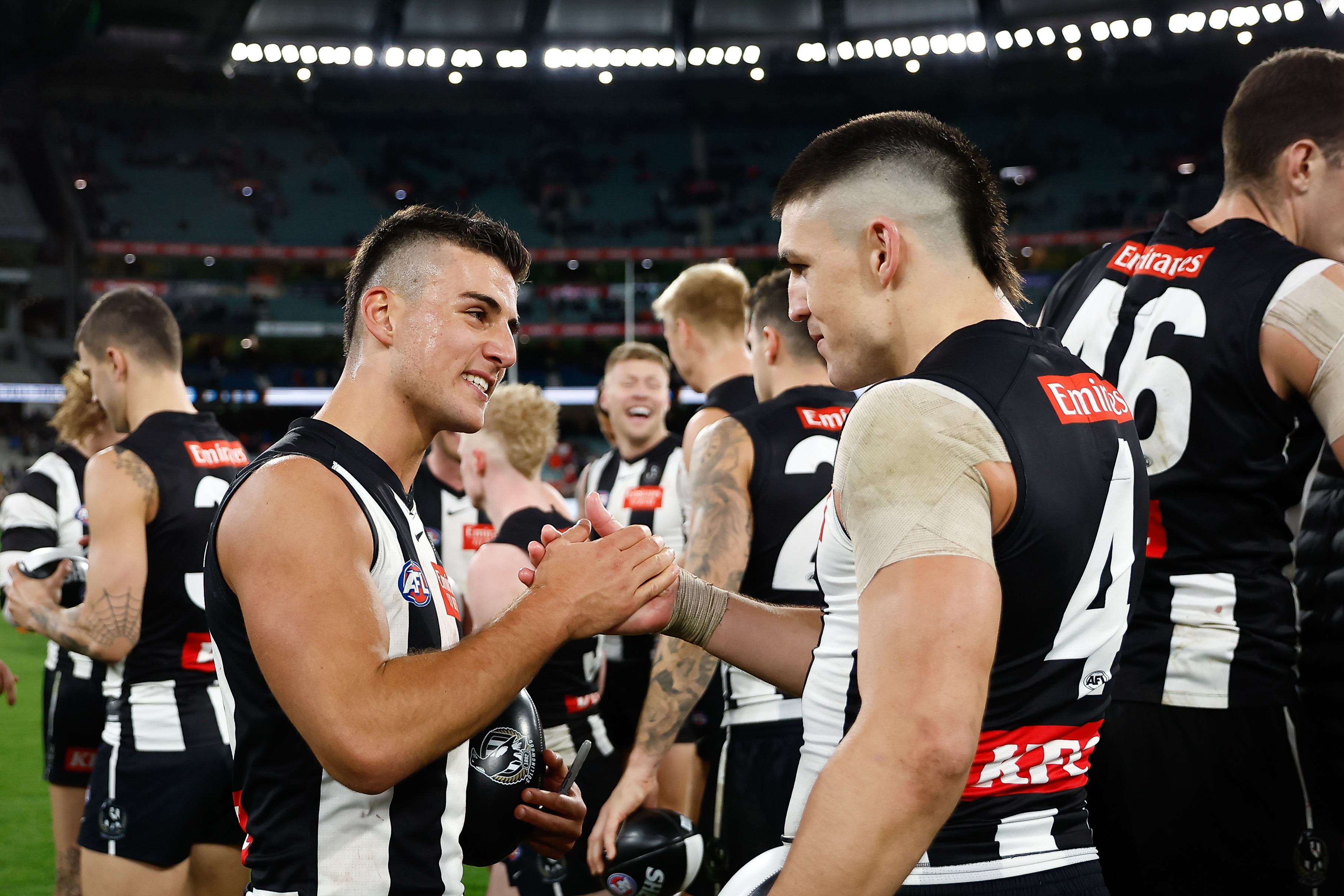 MELBOURNE, AUSTRALIA - MAY 07: Nick Daicos of the Magpies and Brayden Maynard of the Magpies celebrate during the 2023 AFL Round 08 match between the Collingwood Magpies and the Sydney Swans at the Melbourne Cricket Ground on May 7, 2023 in Melbourne, Australia. (Photo by Dylan Burns/AFL Photos)