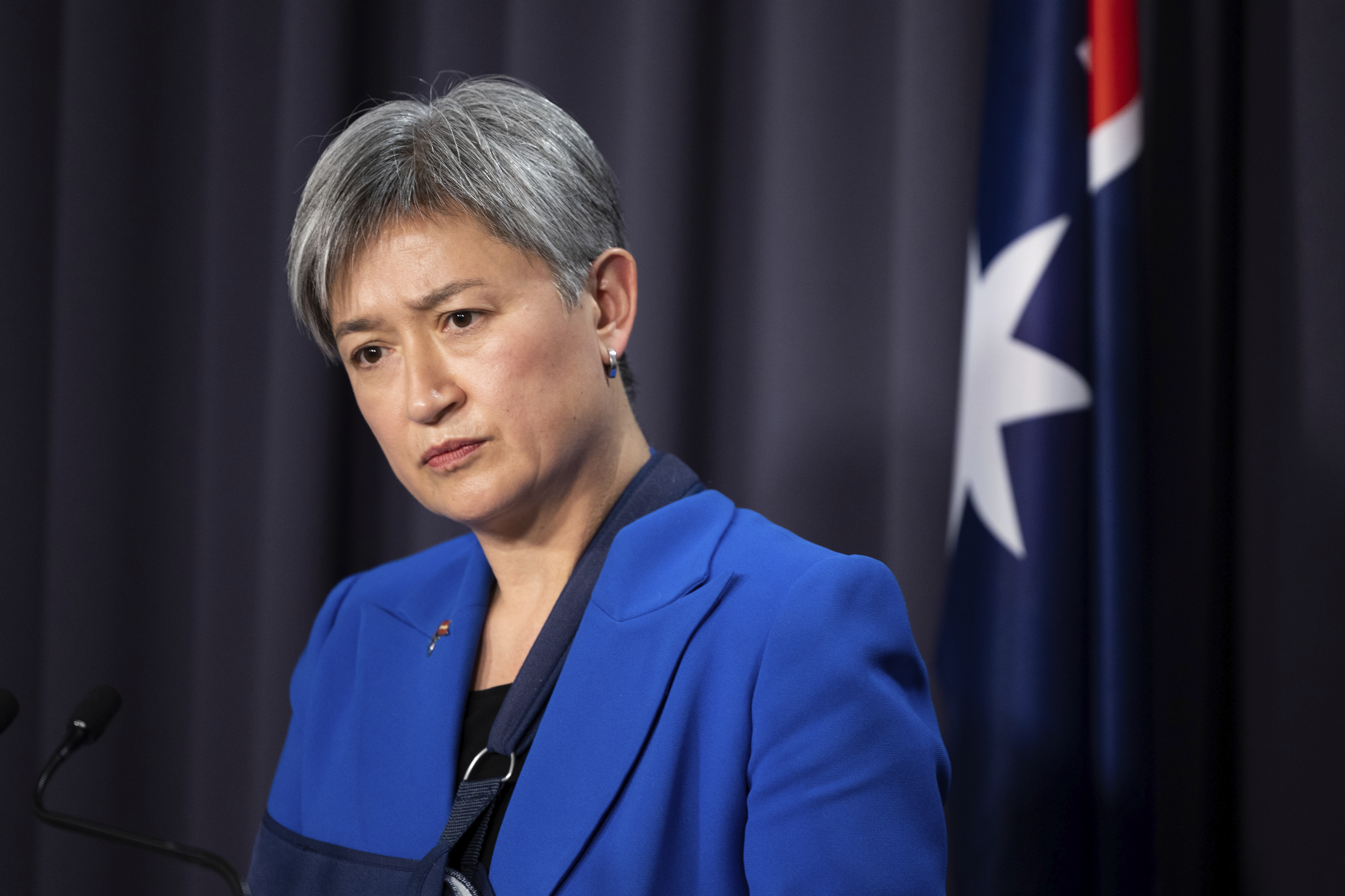Minister for Foreign Affairs Penny Wong during a press conference at Parliament House in Canberra on Monday 8 August 2022. fedpol Photo: Alex Ellinghausen