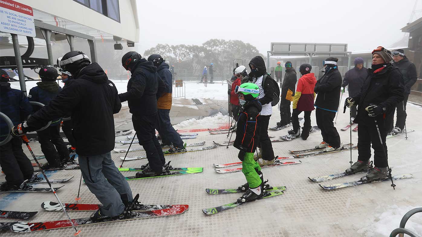 Patrons line up to get on the ski lift at Mt Buller Ski Resort earlier this week.