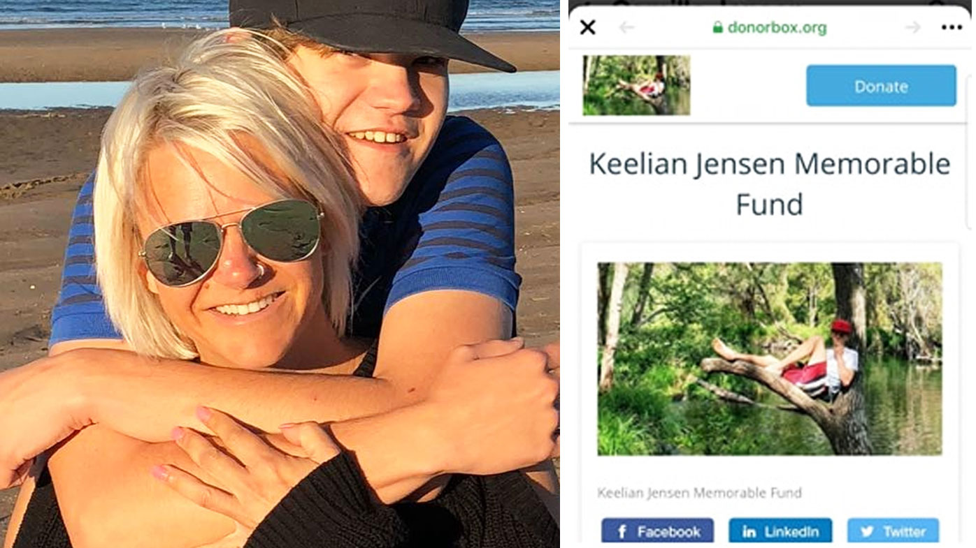 Keelian Jensen, pictured with his mother Stina (left) and a screenshot of the fake fundraiser scammers set up (right).