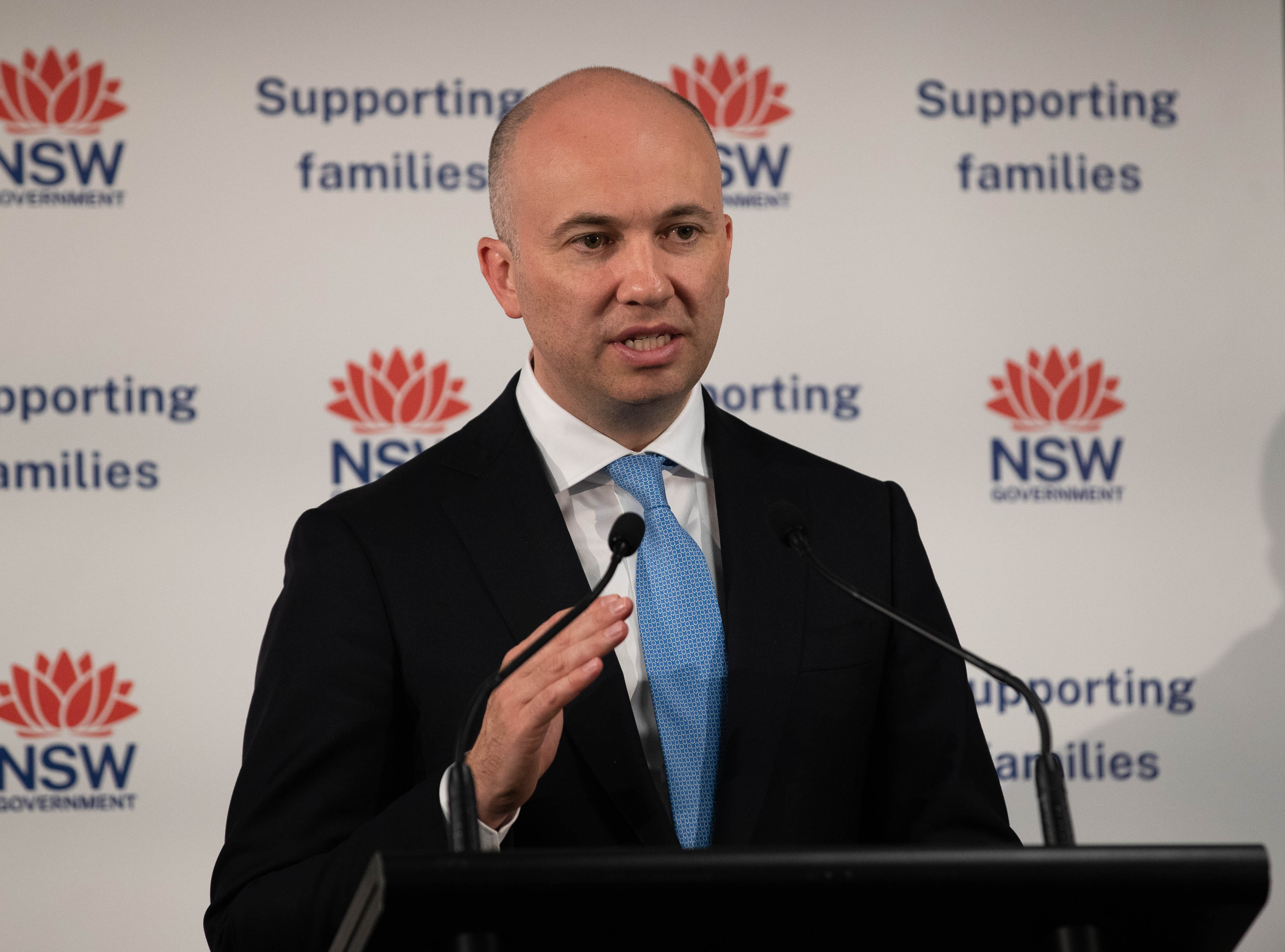 NSW Treasurer, Matt Kean outlines his budget to reporters prior to his budget speech in NSW Parliament in Sydney. 21st June 2022 Photo: Janie Barrett