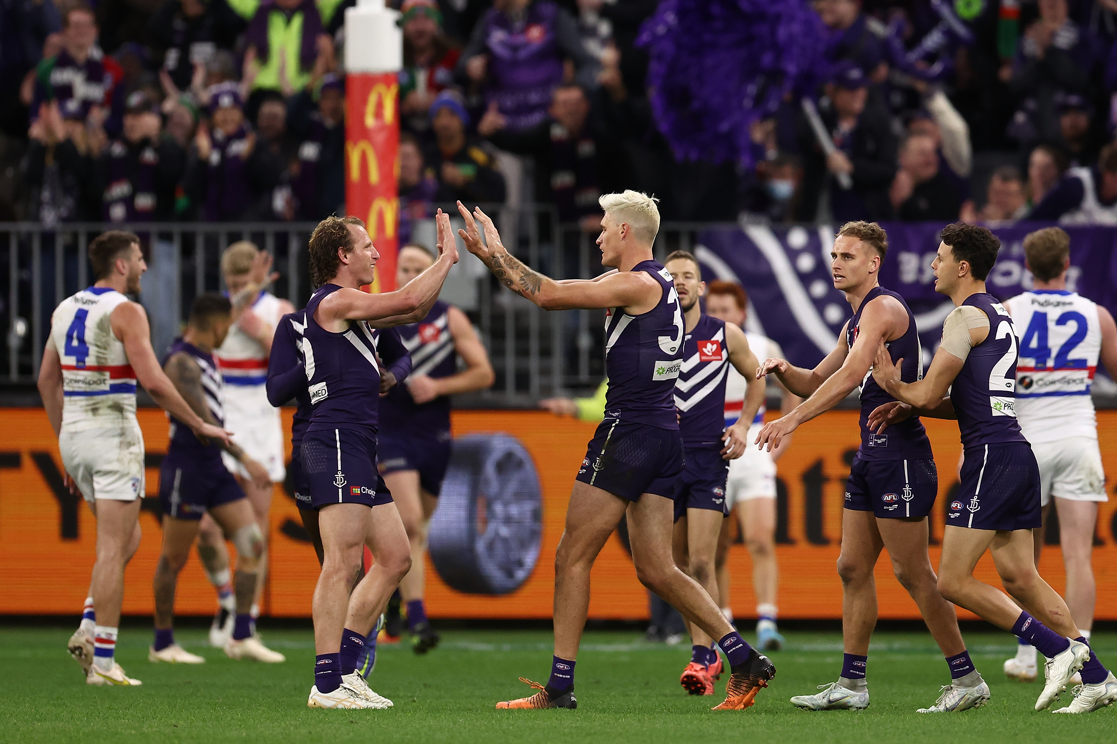 David Mundy and Rory Lobb of the Dockers celebrate.