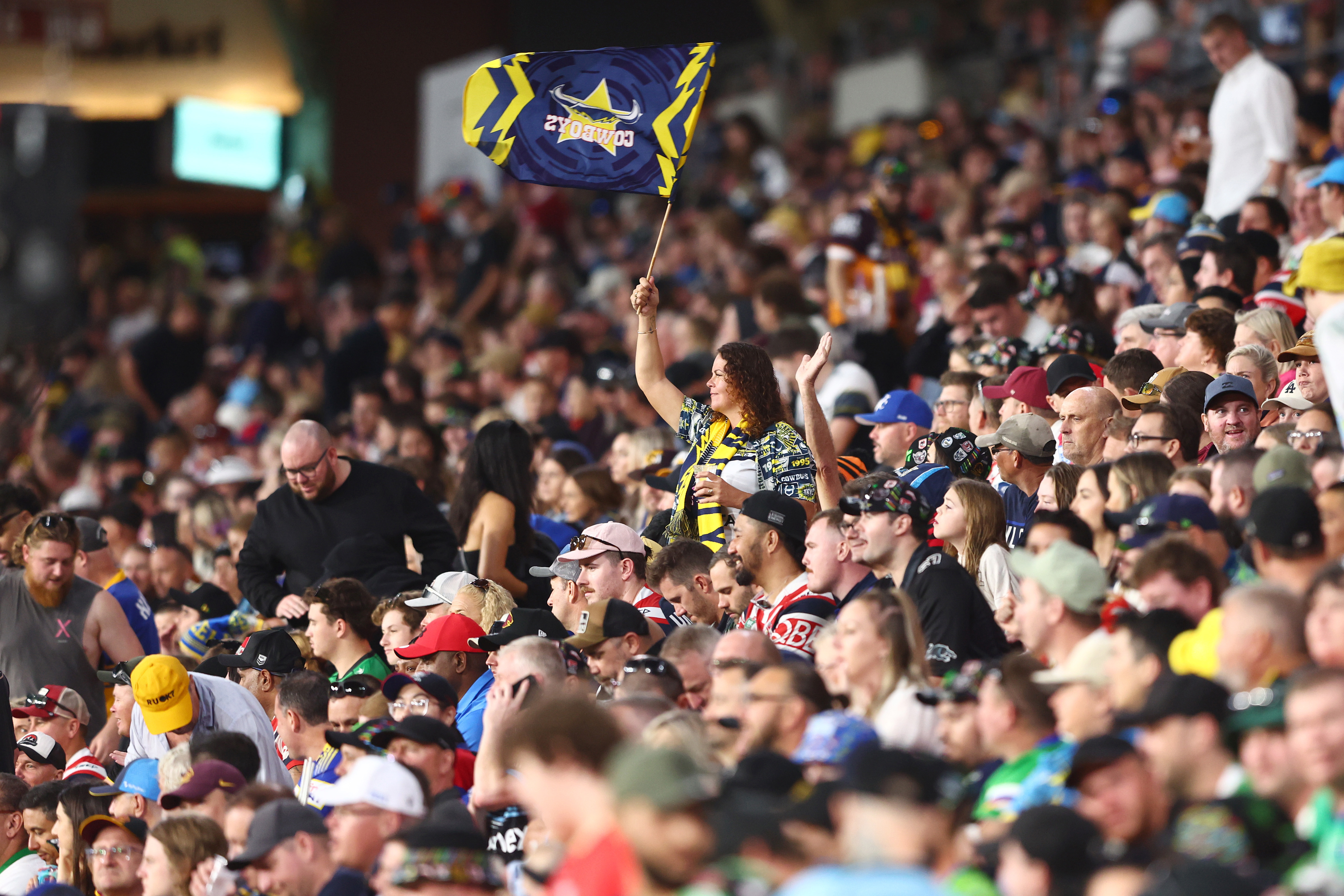 Fans cheer during Magic Round at Suncorp Stadium.