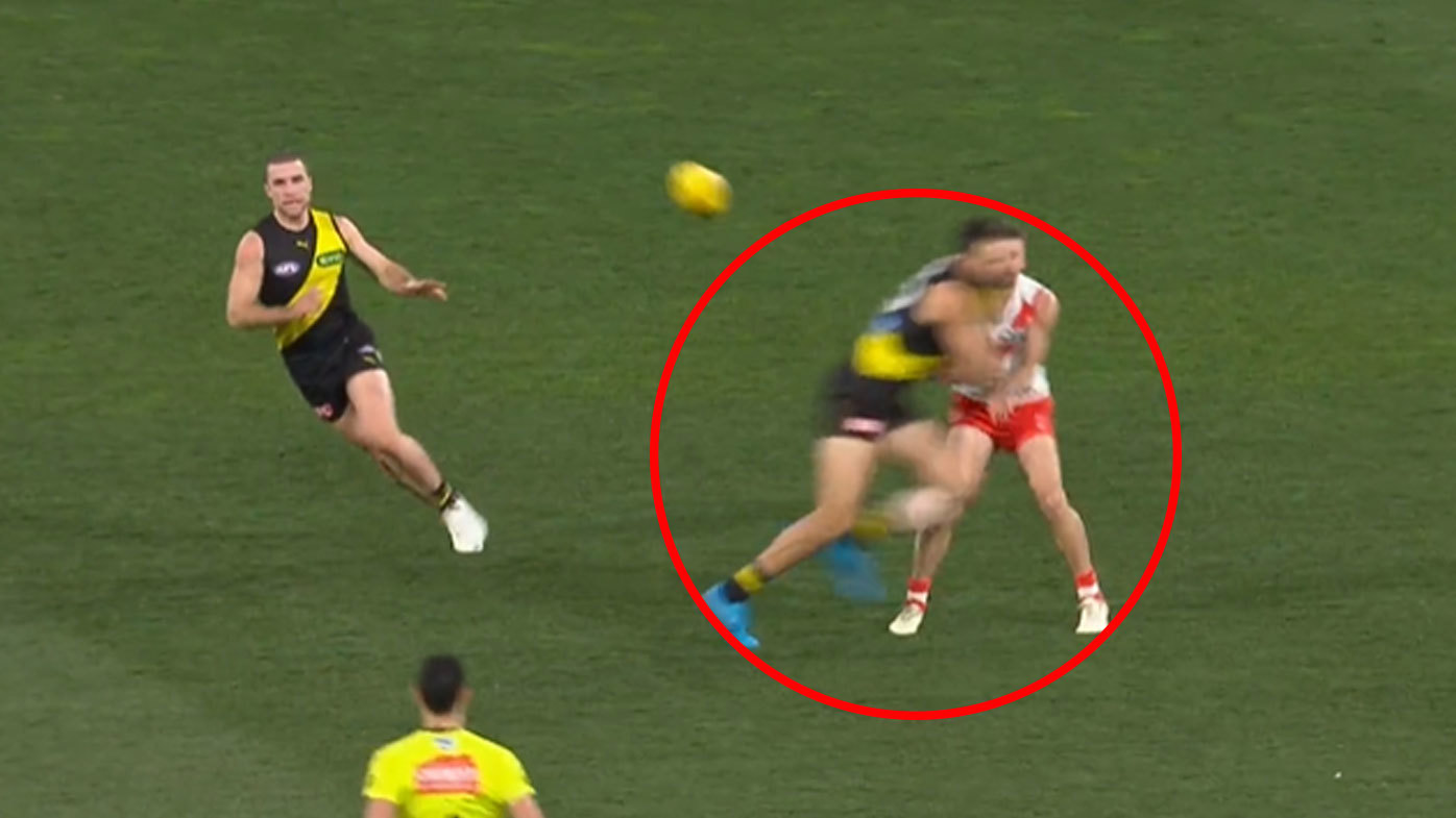 Richmond captain Toby Nankervis is likely to receive a lengthy suspension for this hit on Sydney's Jake Lloyd