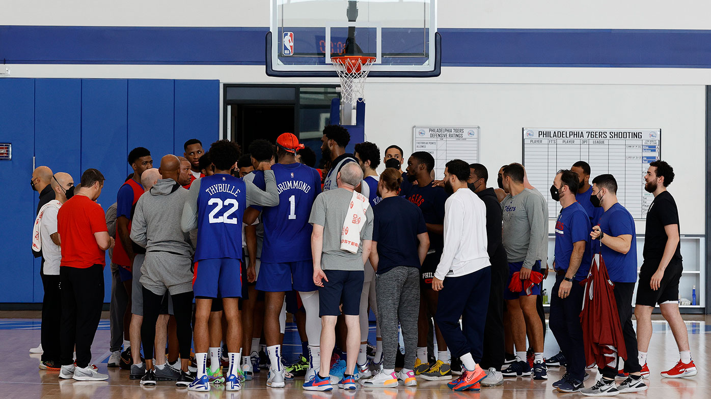  OCTOBER 19: The Philadelphia 76ers huddle following practice at the Seventy Sixers Practice Facility on October 19, 2021 in Camden, New Jersey. (Photo by Tim Nwachukwu/Getty Images)