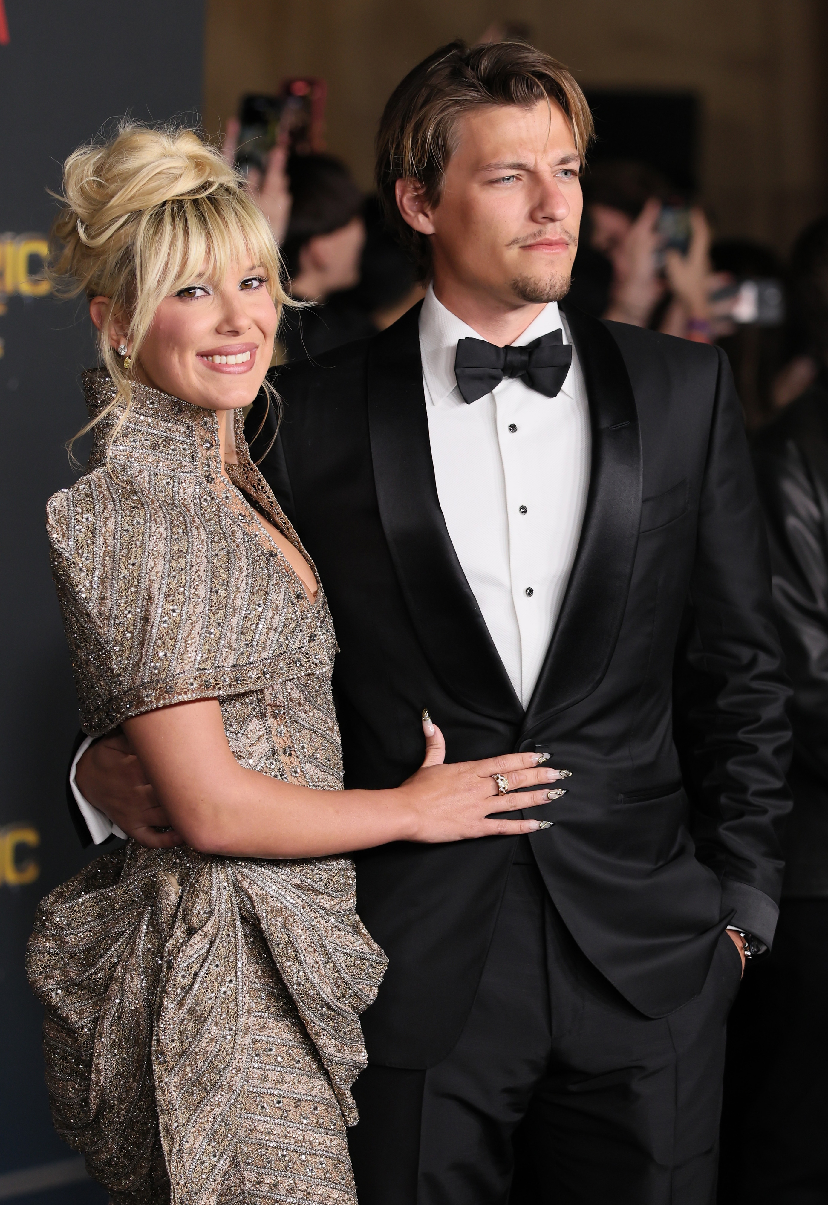  Jake Bongiovi and Millie Bobby Brown attend the world premiere of Netflix's "The Electric State" at The Egyptian Theatre Hollywood on February 24, 2025 in Los Angeles, California. (Photo by JB Lacroix/FilmMagic)
