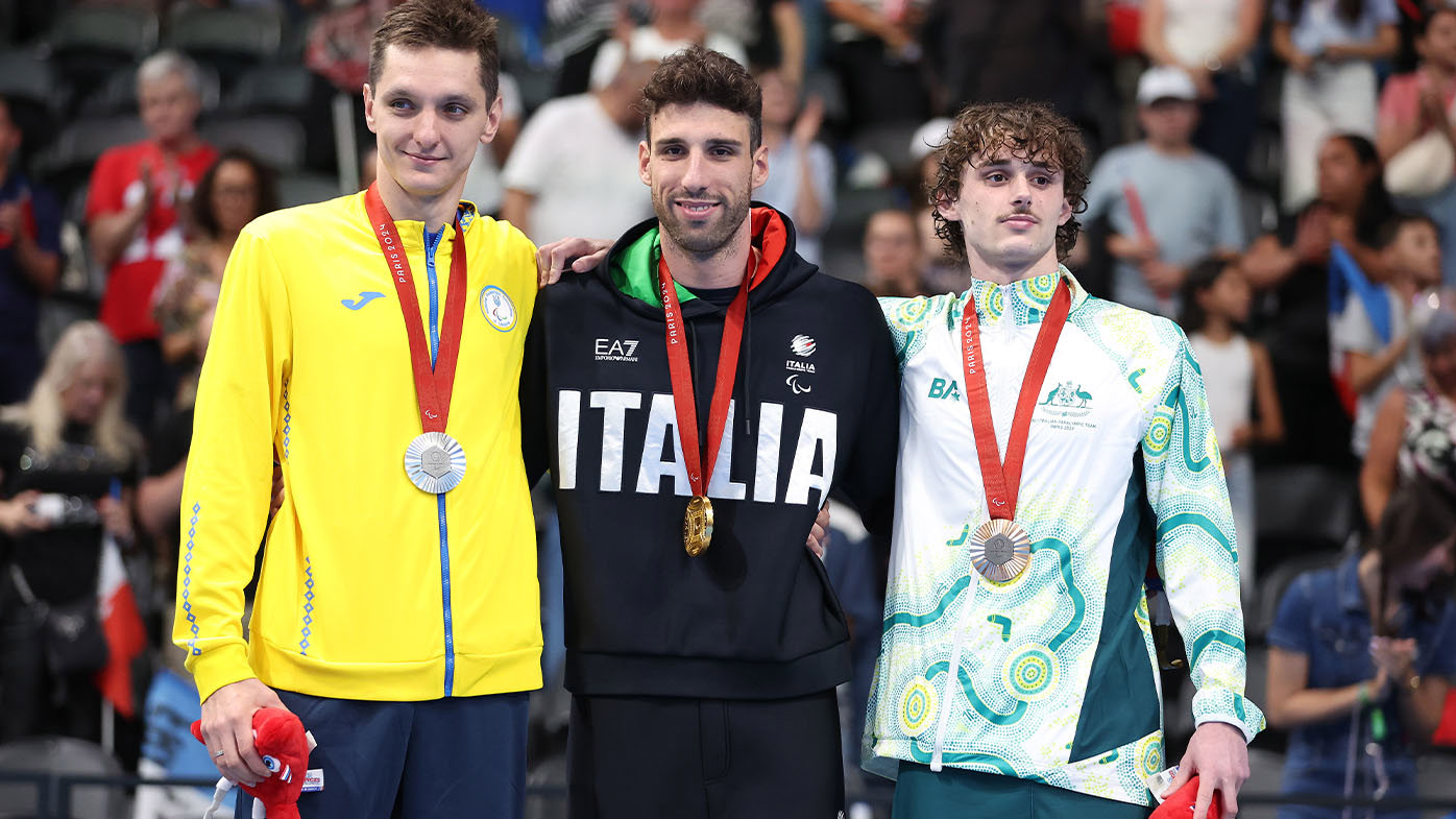 Gold medallist Stefano Raimondi of Italy, silver medallist Ihor Nimchenko of Ukraine and Australian bronze medallist Alex Saffy.