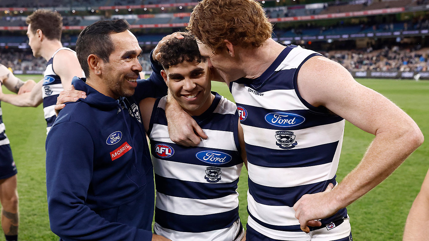 Eddie Betts pictured with Geelong players Tyson Stengle and Gary Rohan