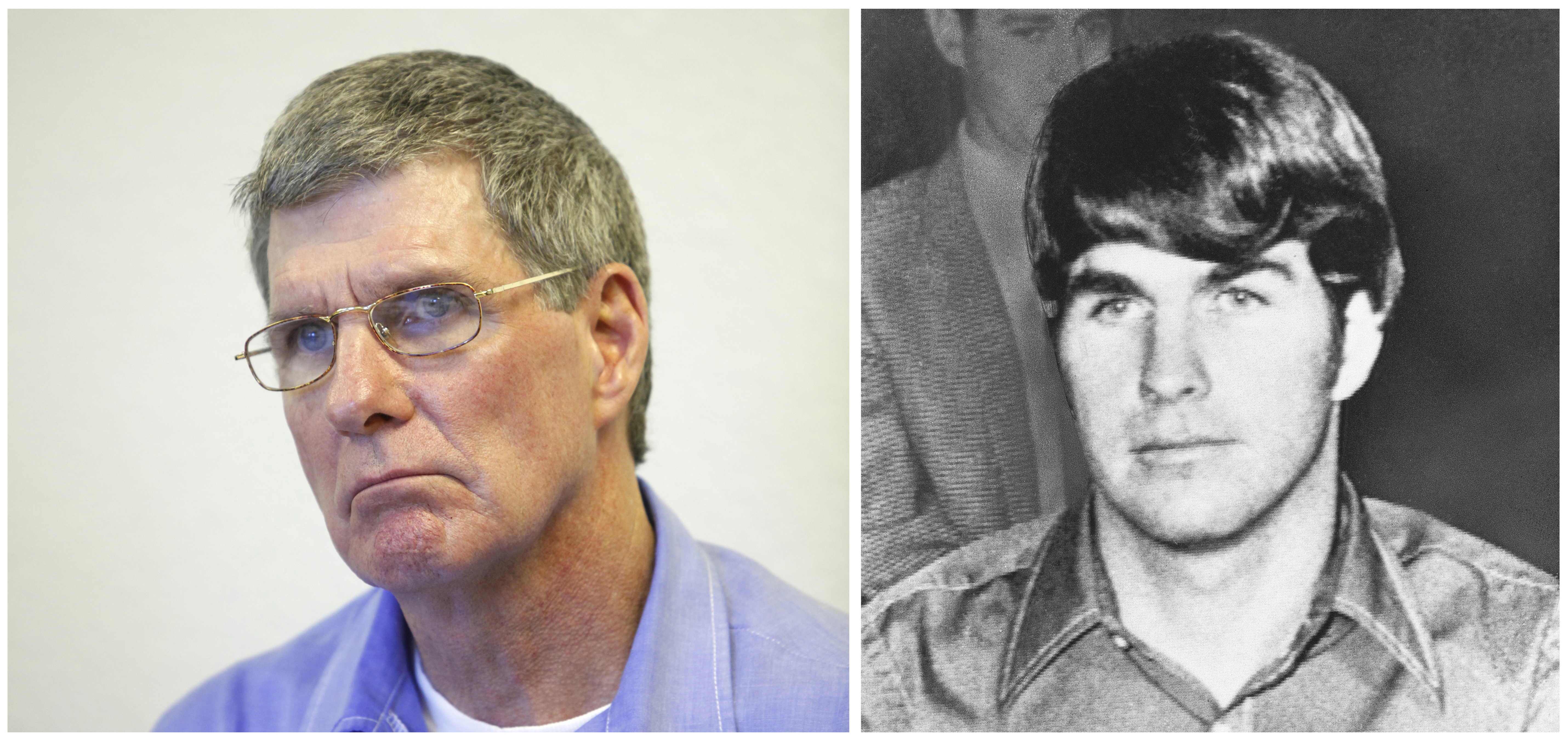 This combination of file photos shows former Charles Manson follower Charles "Tex" Watson, left, appearing during his parole hearing at Mule Creek State Prison in Lone, Calif., in Nov. 16, 2011, and Watson in a courtroom at an extradition hearing in McKinney, Texas, on Feb. 16, 1970.