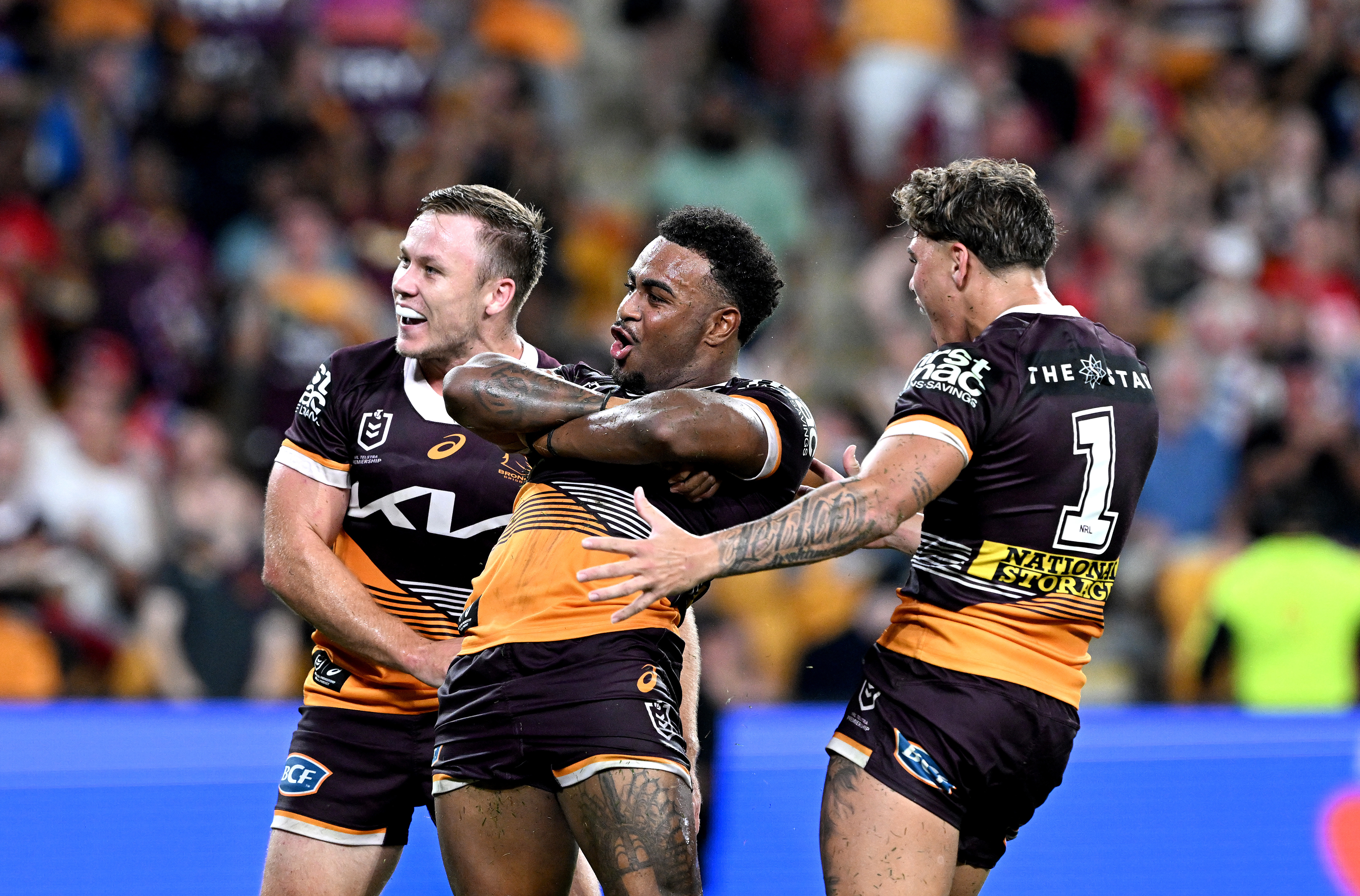 Patrick Carrigan of the Broncos celebrates after scoring a try during  News Photo - Getty Images