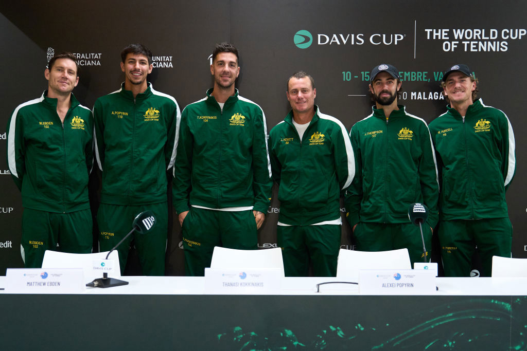 Matthew Ebden, Thanasi Kokkinakis, Alexei Popyrin, Captain Lleyton Hewitt, Jordan Thompson and Max Purcell of Australia attend a press conference.