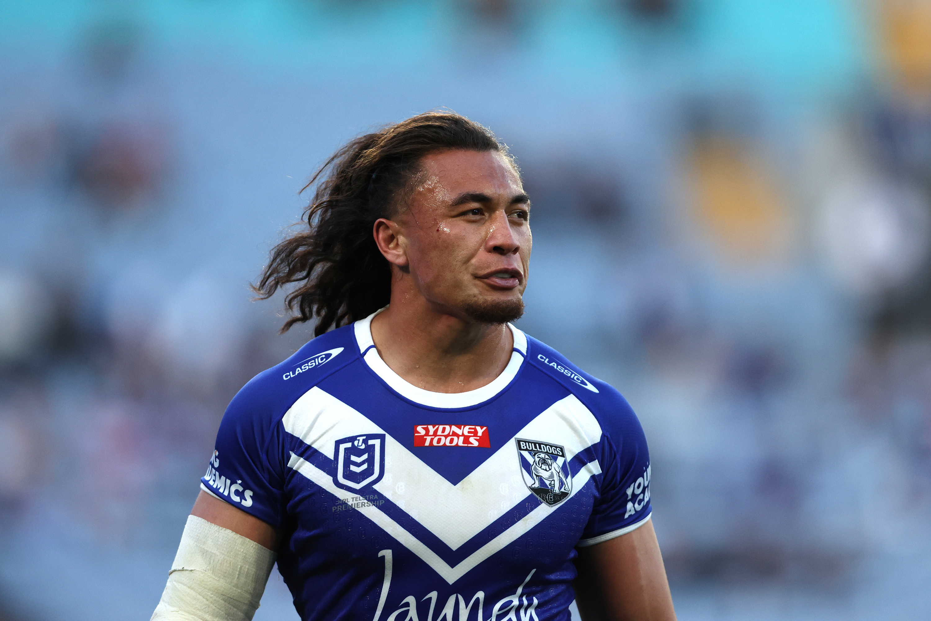 Raymond Faitala-Mariner  of the Bulldogs walks off dejected during the round 18 NRL match between Canterbury Bulldogs and Newcastle Knights at Accor Stadium on July 02, 2023 in Sydney, Australia. (Photo by Jeremy Ng/Getty Images)
