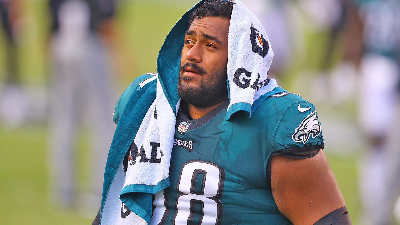 Jordan Mailata #68 of the Philadelphia Eagles walks off 
