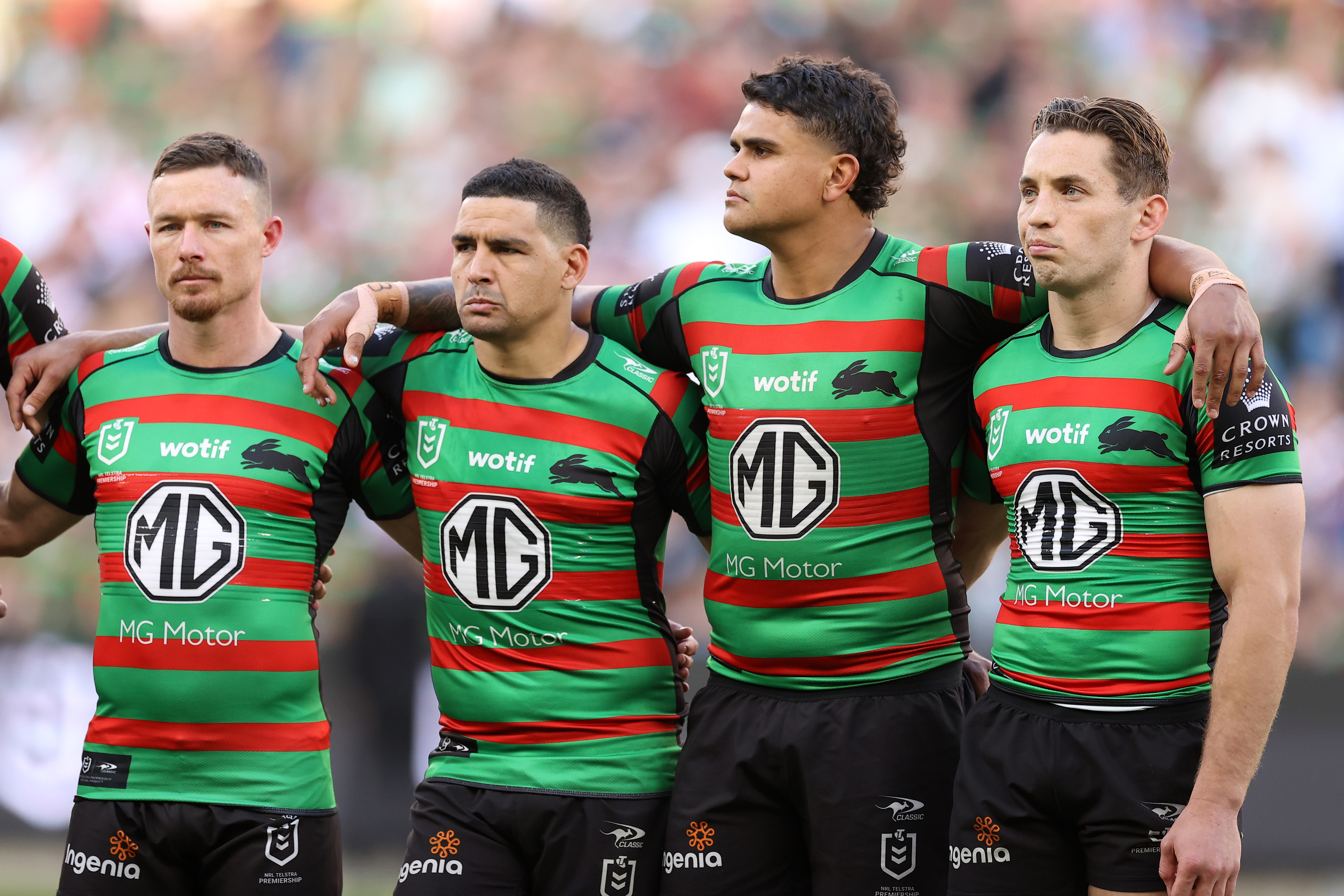 Damien Cook, Cody Walker, Latrell Mitchell and Cameron Murray of the Rabbitohs.