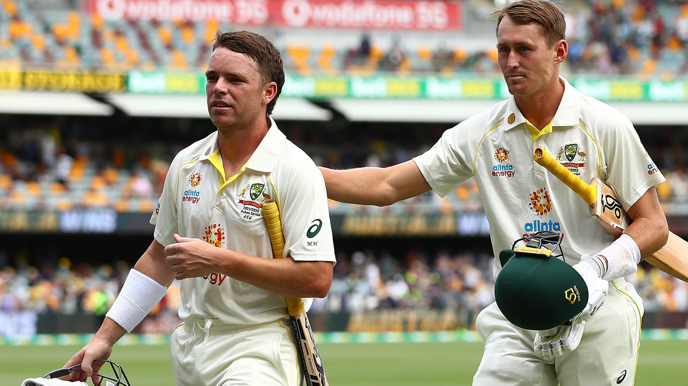 Marcus Harris of Australia and Marnus Labuschagne of Australia walk off the field