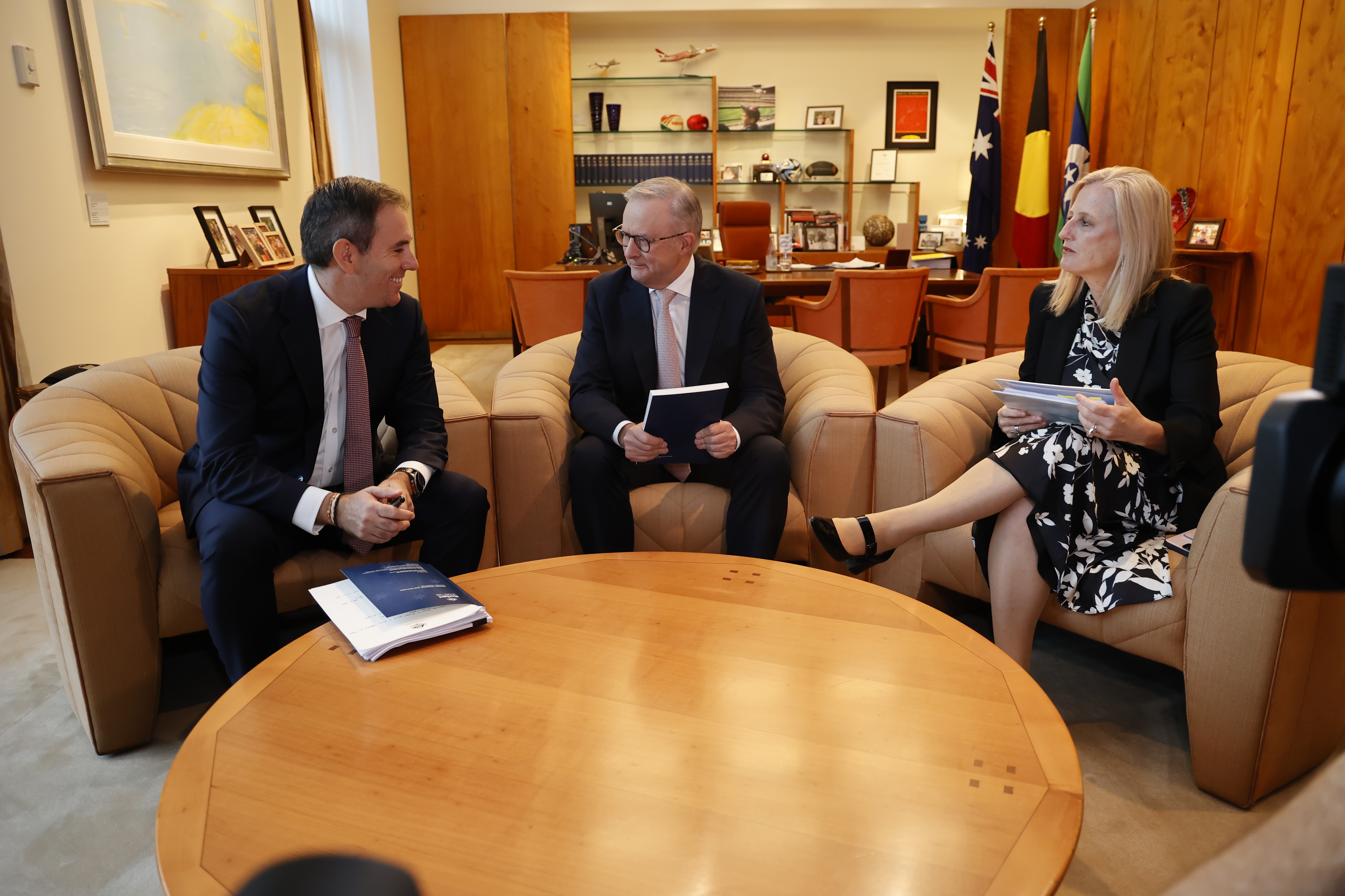 Australian Treasurer Jim Chalmers, Prime Minister Anthony Albanese and Finance Minister Katy Gallagher discuss the budget at Parliament House on March 25, 2025 in Canberra, Australia. 