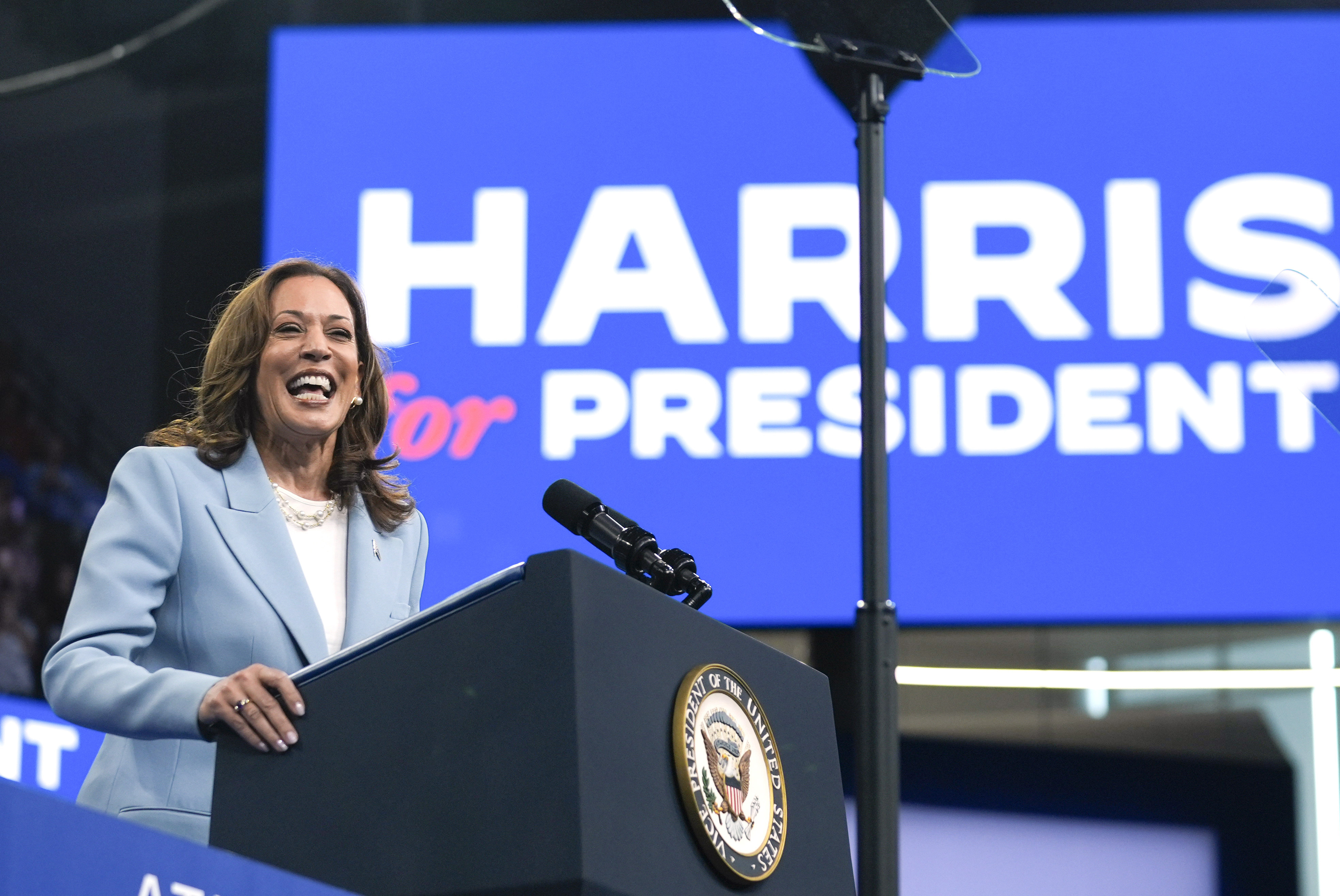 Vice President Kamala Harris speaks during a campaign rally, July 30, 2024, in Atlanta. 