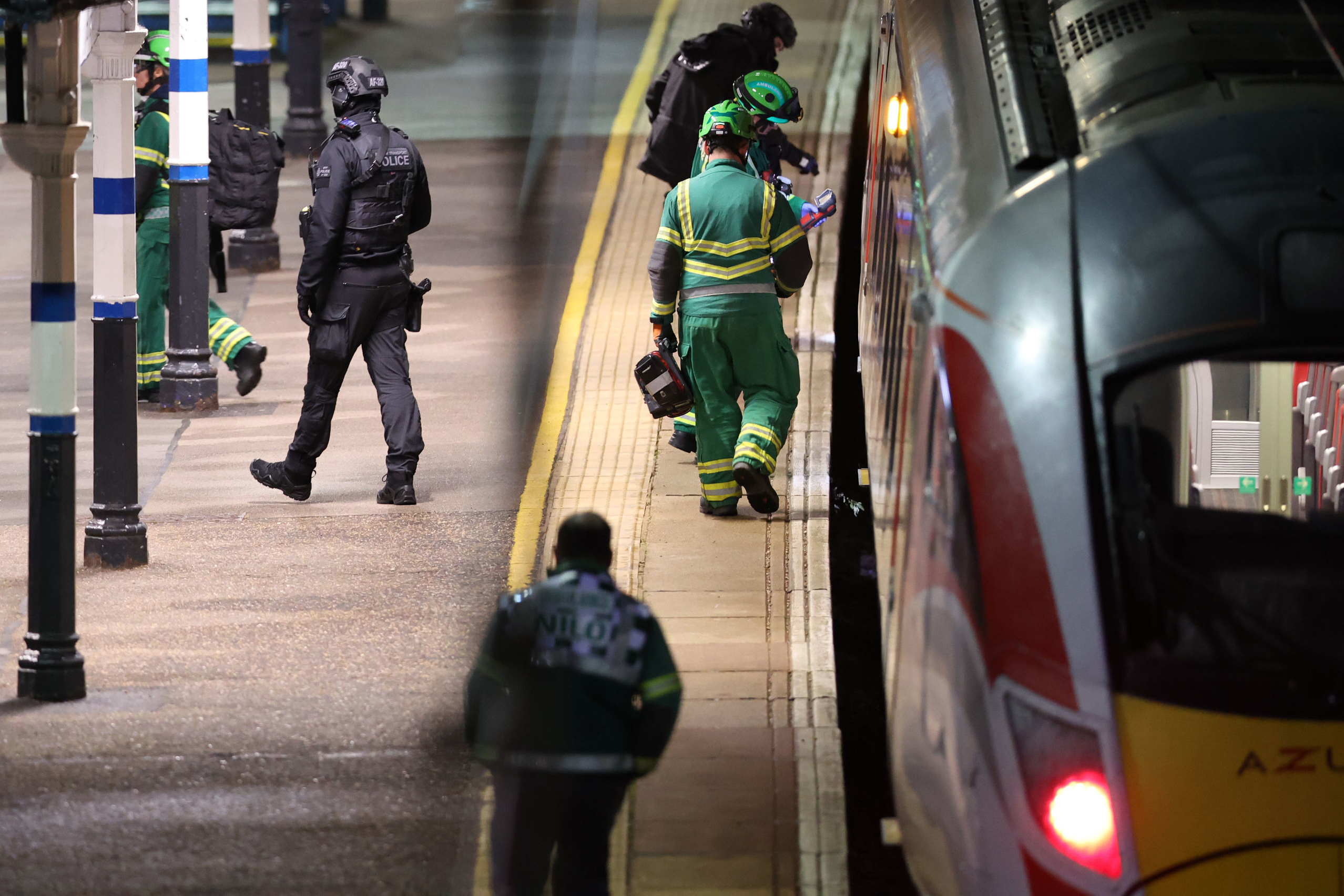 Emergency responders on the platform by the train at Huntingdon station in Cambridgeshire, after a number of people were stabbed. Two people have been arrested after British Transport Police were called to the incident on a train. Picture date: Saturday November 1, 2025. PA Photo. Photo credit should read: Chris Radburn/PA Wire