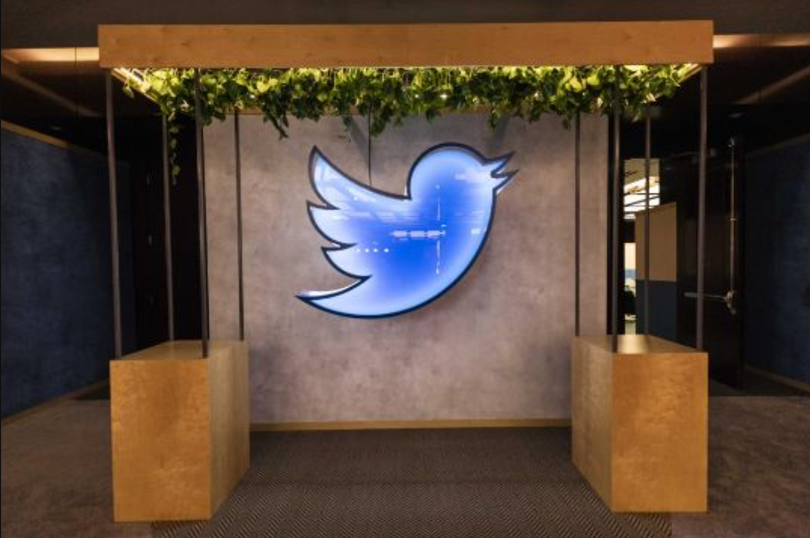 A neon-blue sign of the twitter logo