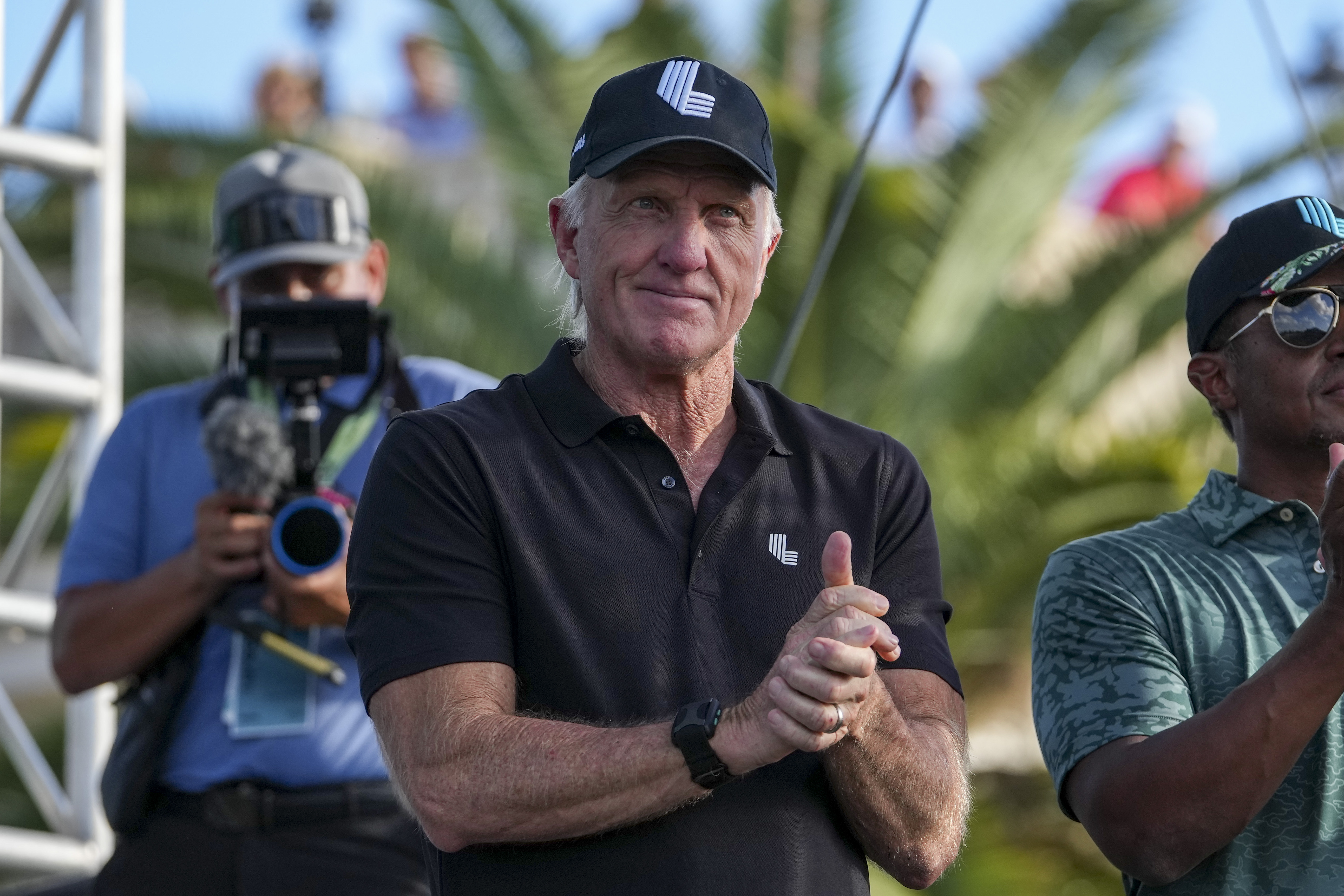 Greg Norman, CEO and commissioner of LIV Golf, being introduced to the crowd during the team championship stroke-play round of the LIV Golf Invitational.