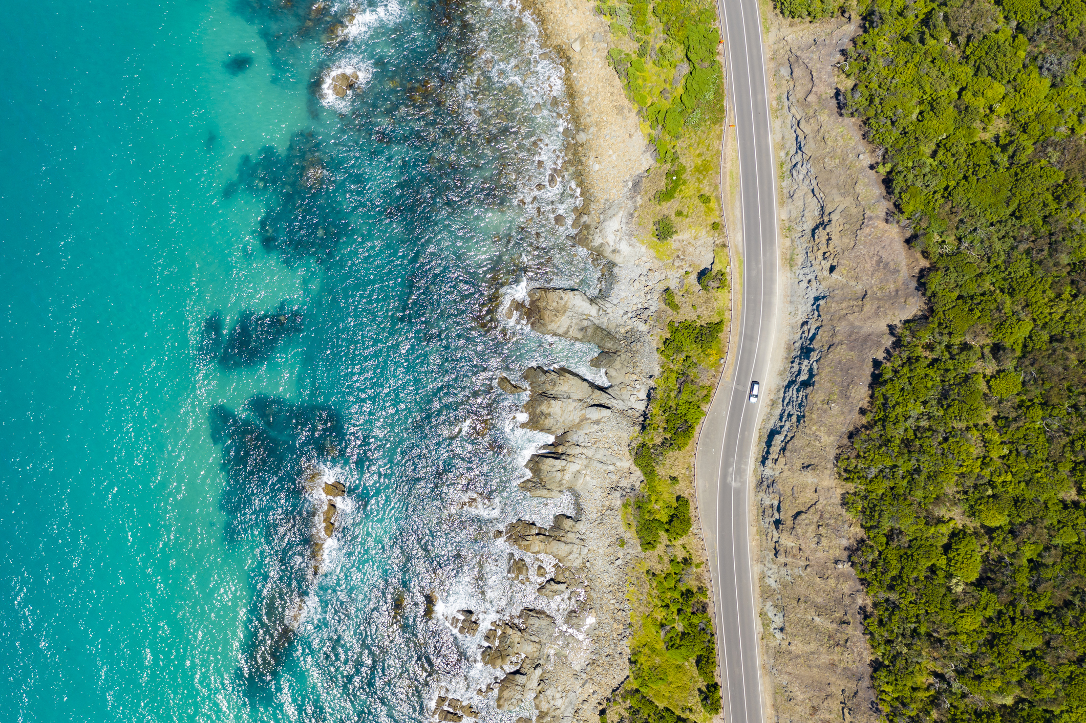 Top down aerial view of Great Ocean Road in Australia