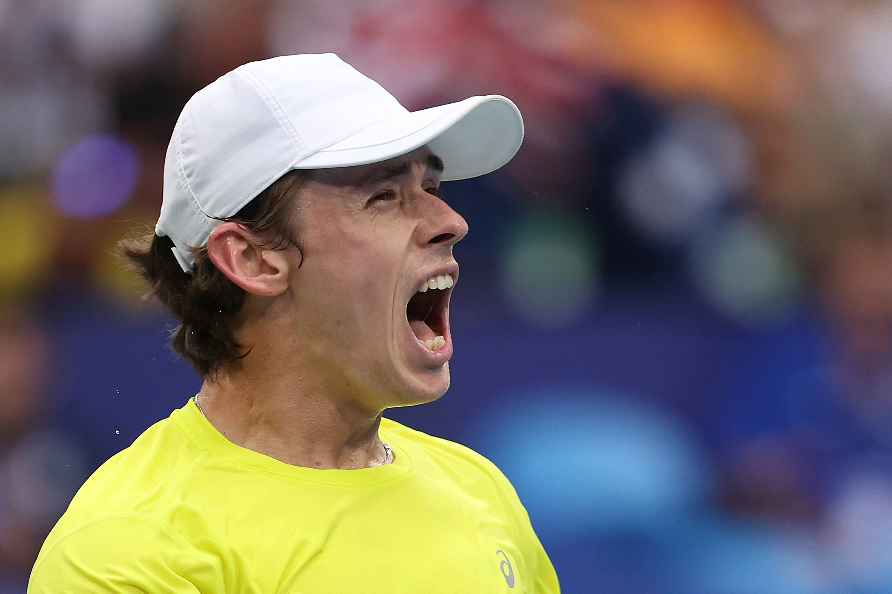 PERTH, AUSTRALIA - JANUARY 01: Alex de Minaur of Team Australia celebrates winning his singles match against Taylor Fritz of Team USA during day four of the 2024 United Cup at RAC Arena on January 01, 2024 in Perth, Australia. (Photo by Paul Kane/Getty Images)