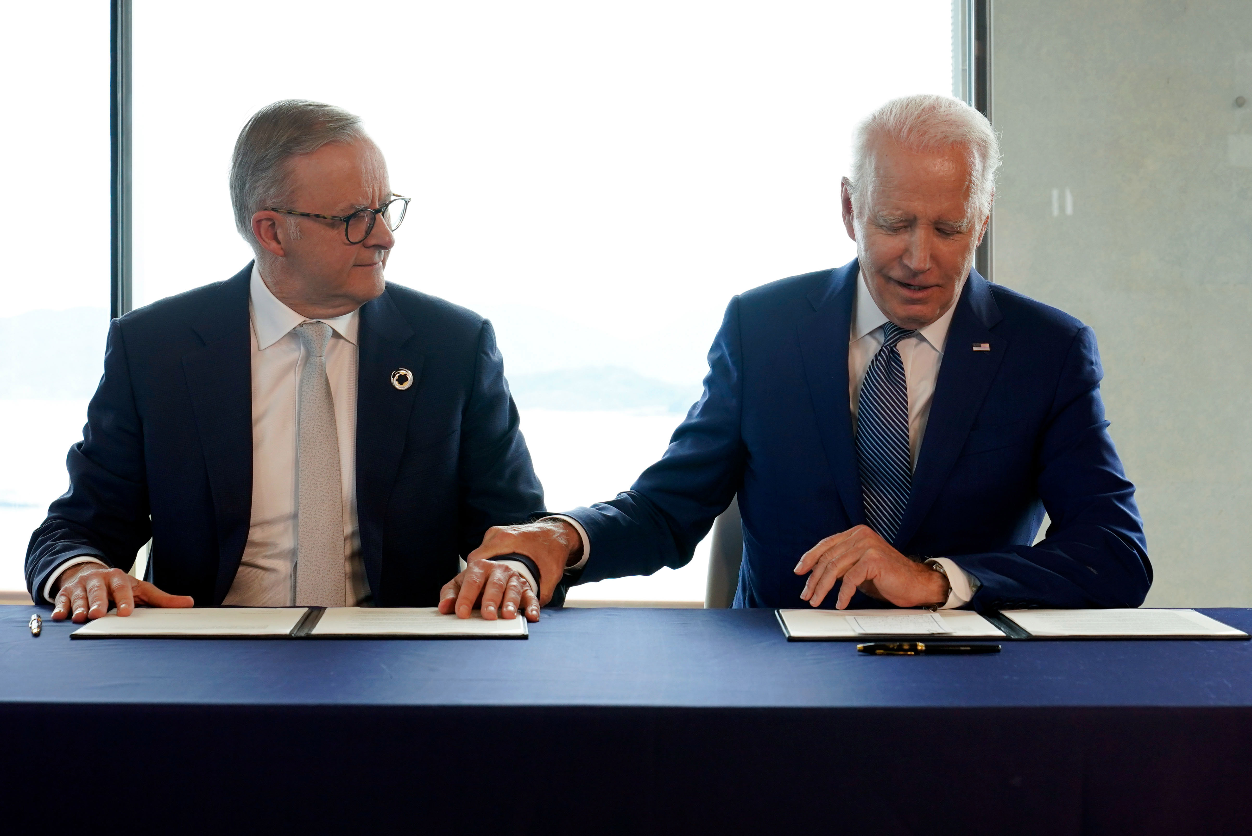 US President Joe Biden, right, and Australia's Prime Minister Anthony Albanese on the sidelines of the G7 Summit in Hiroshima, Japan, Saturday, May 20, 2023.