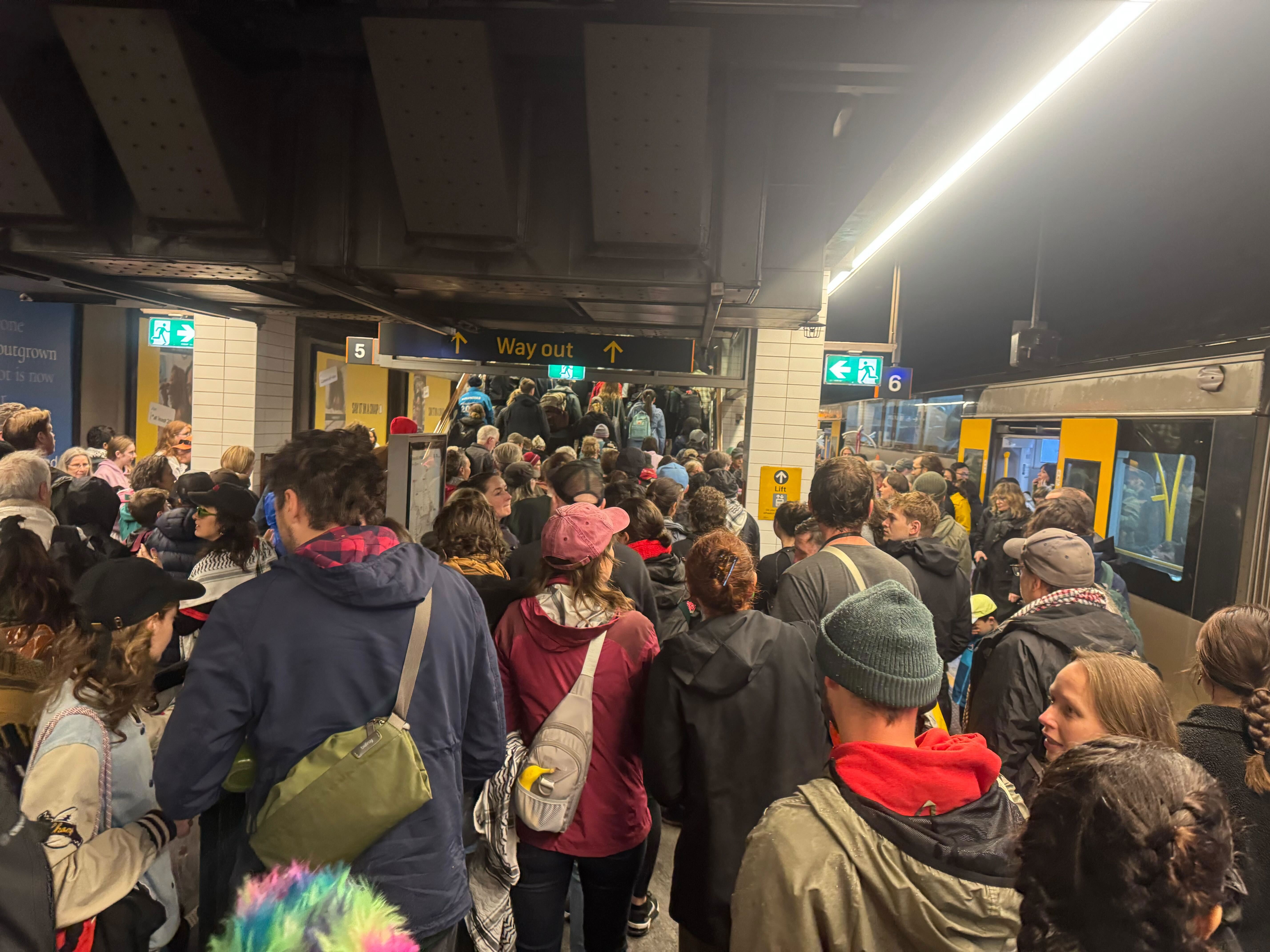 Wynyard station packed with people as the protest march neared.
