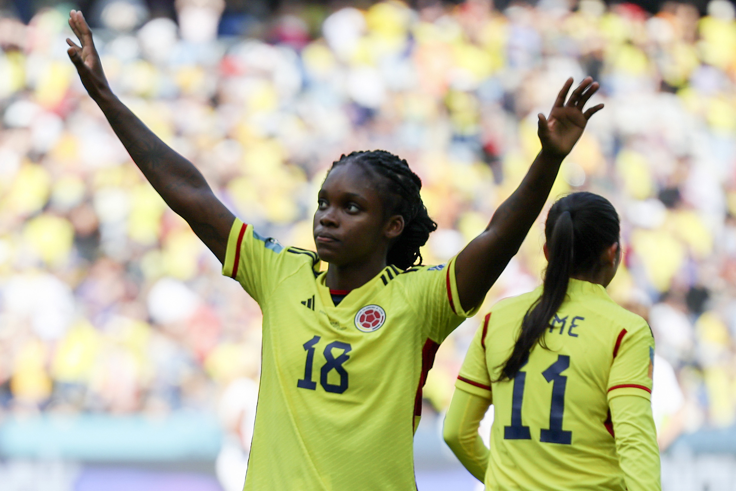 Colombia's Linda Caicedo reacts after scoring her first goal during the Women's World Cup Group H soccer match between Colombia and South Korea at Sydney Football Stadium.