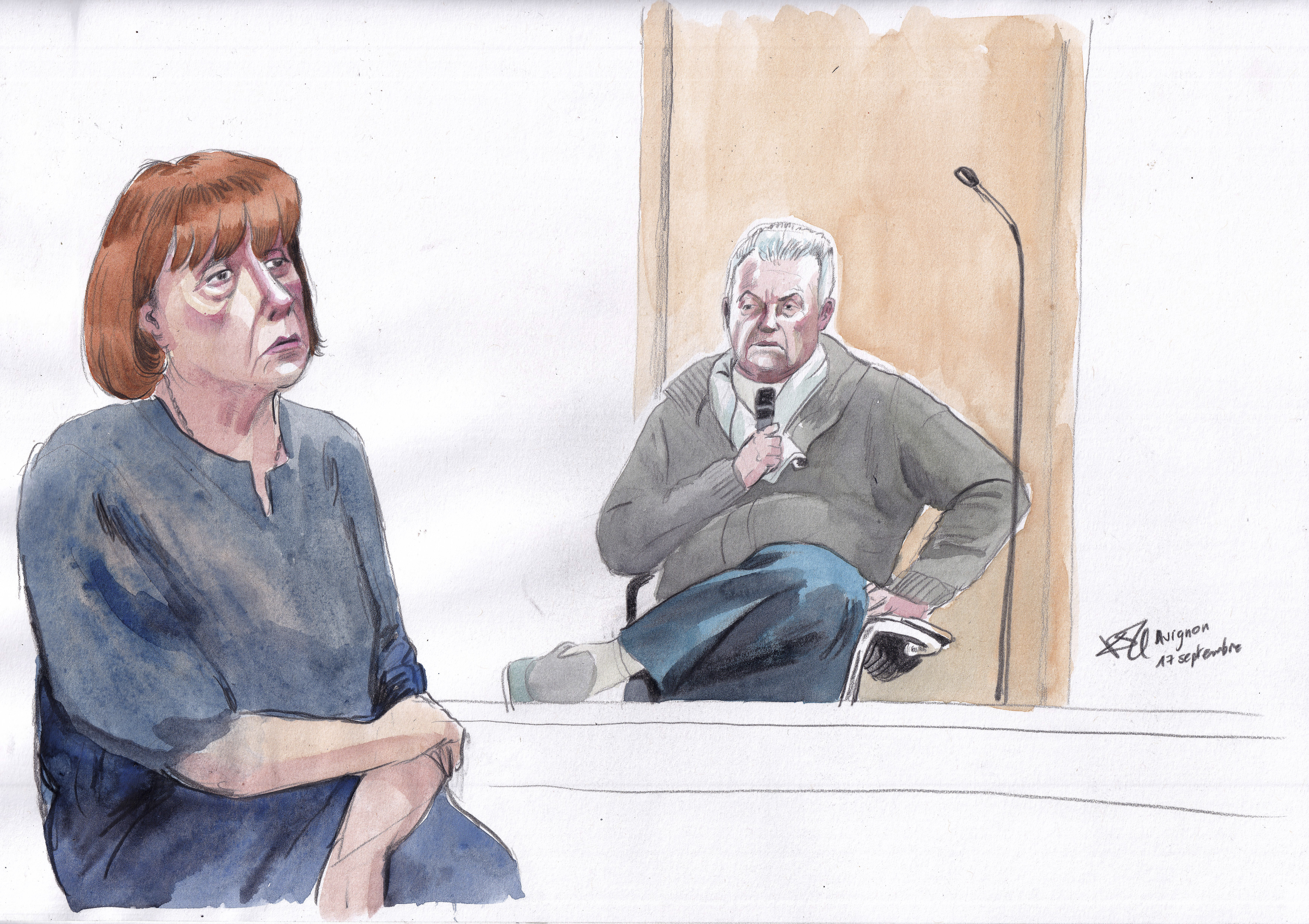 This courtroom sketch by Valentin Pasquier shows Gisèle Pelicot (left) and her ex-husband Dominique Pelicot (right) during his trial at the Avignon court house on Tuesday, September 17.