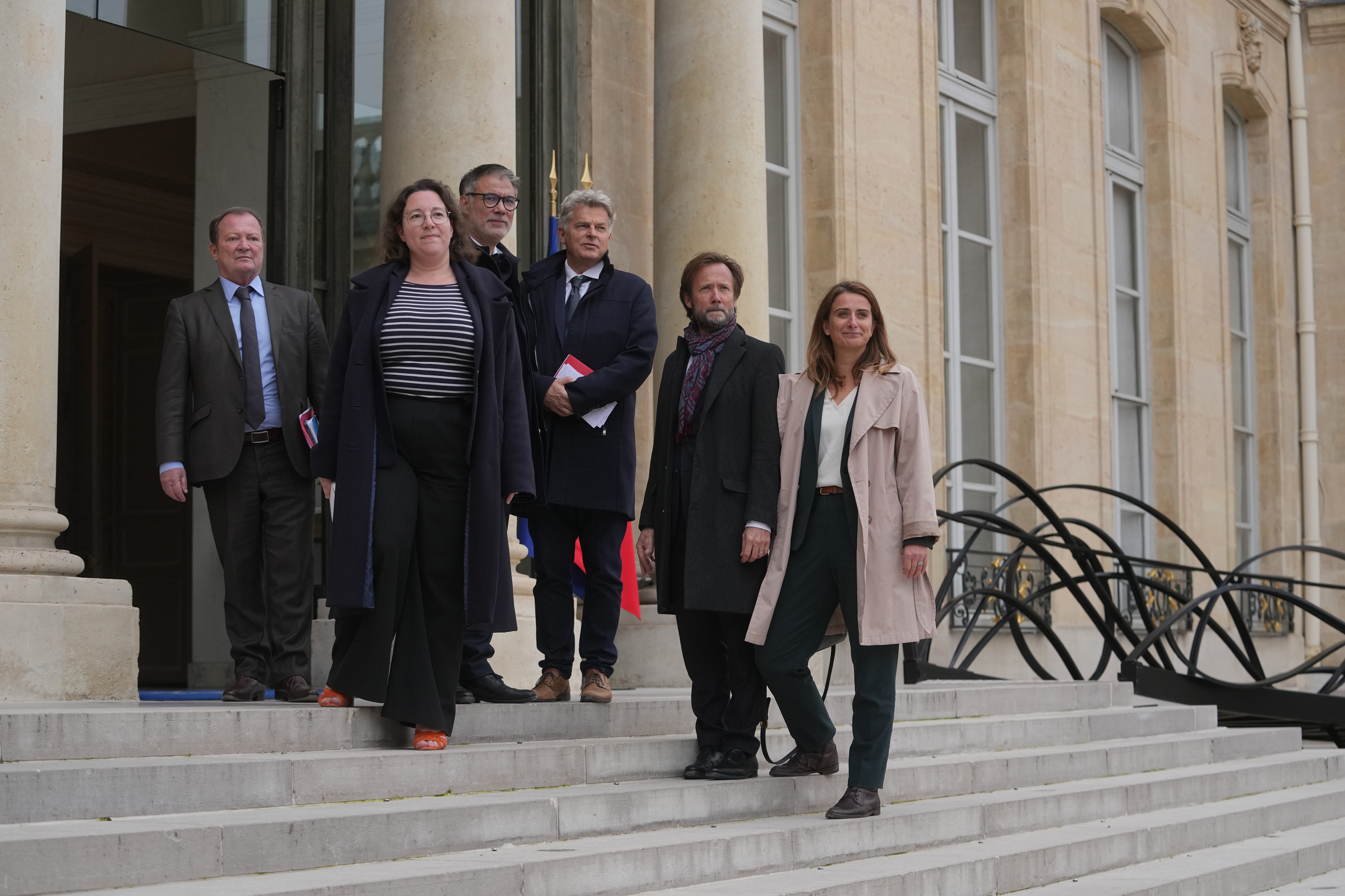 From left, Stephane Peu, member of French Communist Party, Cyrielle Chatelain, member of French Green Party, French socialist party secretary general Olivier Faure, French Communist Party leader Fabien Roussel, Boris Vallaud, and French Green Party leader Marine Tondelier, arrive for a meeting with French president Emmanuel Macron at the Elysee Palace, in Paris, Friday, Oct. 10, 2025. (AP Photo/Thibault Camus)