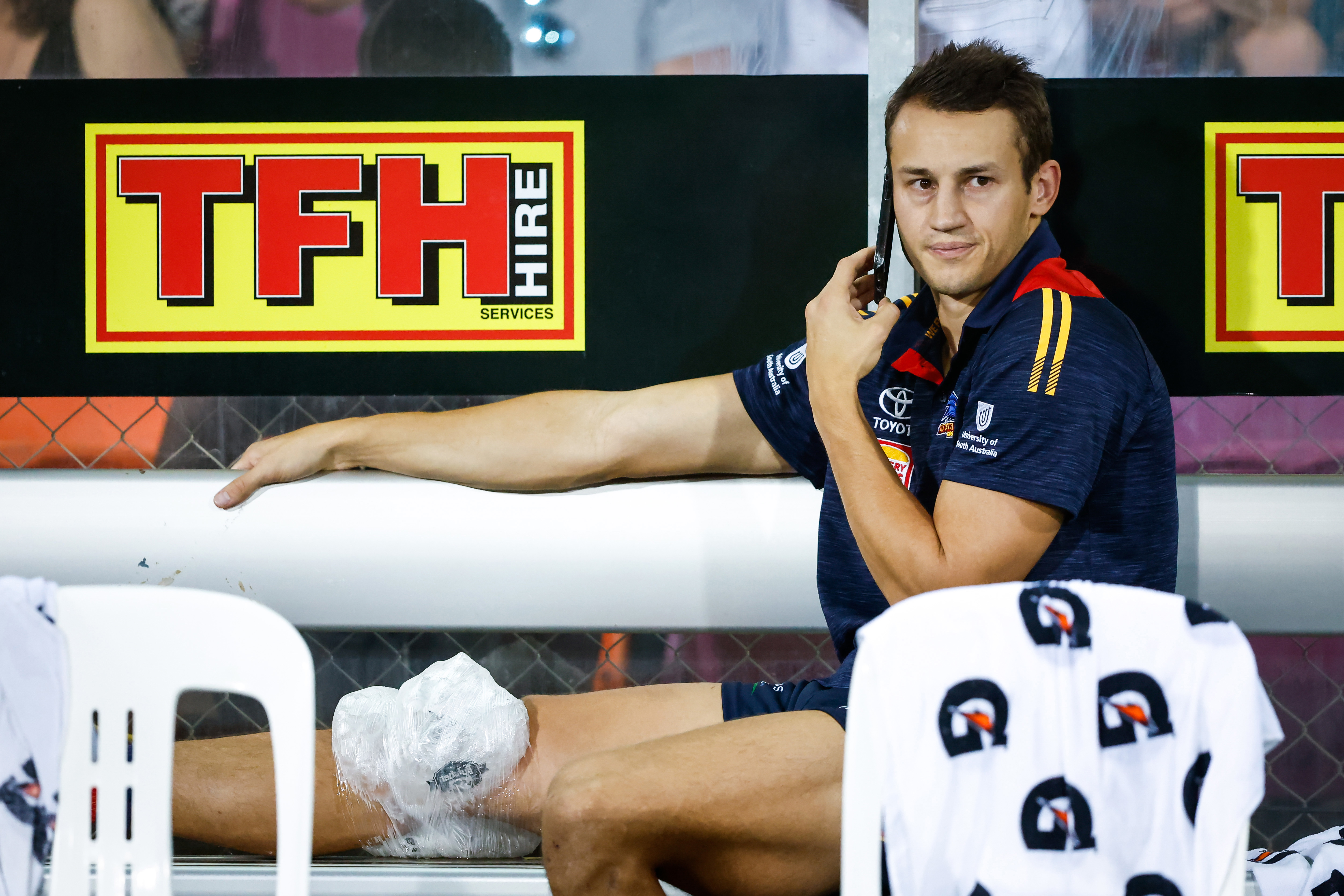 DARWIN, AUSTRALIA - JUNE 03: Tom Doedee of the Crows is seen with an injured knee during the 2023 AFL Round 12 match between the Gold Coast Suns and the Adelaide Crows at TIO Stadium on June 3, 2023 in Darwin, Australia. (Photo by Dylan Burns/AFL Photos via Getty Images)