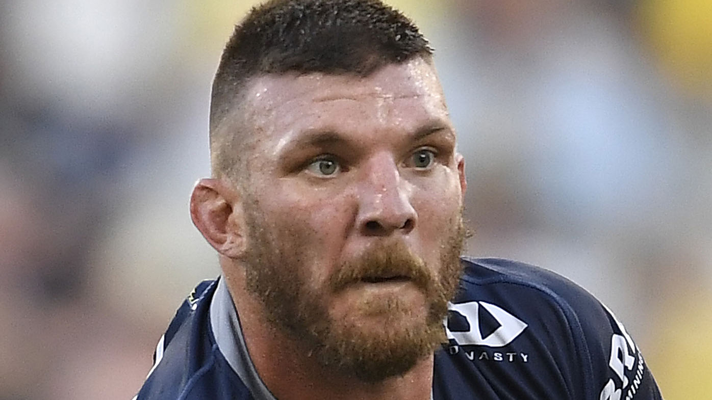 Josh McGuire of the Cowboys runs the ball during the round three NRL match between the North Queensland Cowboys and the Gold Coast Titans at QCB Stadium on March 28, 2021, in Townsville, Australia.