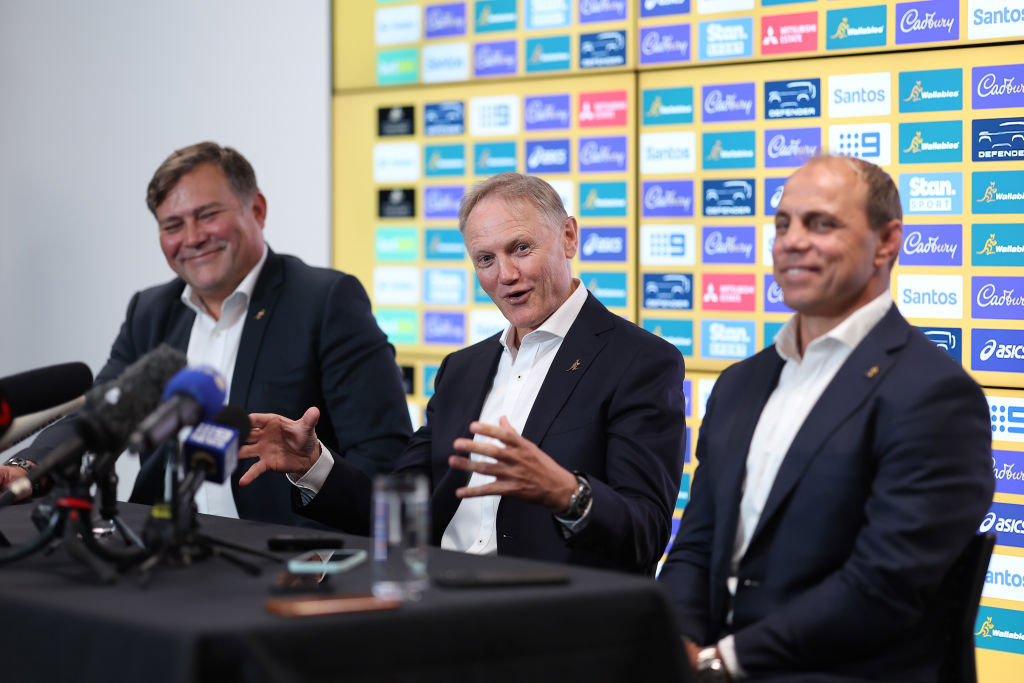 New Wallabies coach Joe Schmidt flanked by Peter Horne and Phil Waugh.