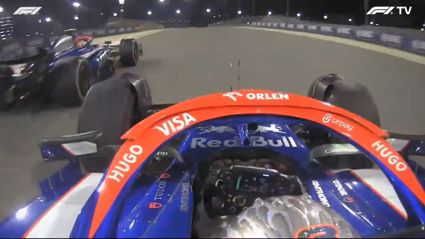 An onboard still from Daniel Ricciardo as Yuki Tsunoda almost causes a collision on the cool down lap after the Bahrain Grand Prix.