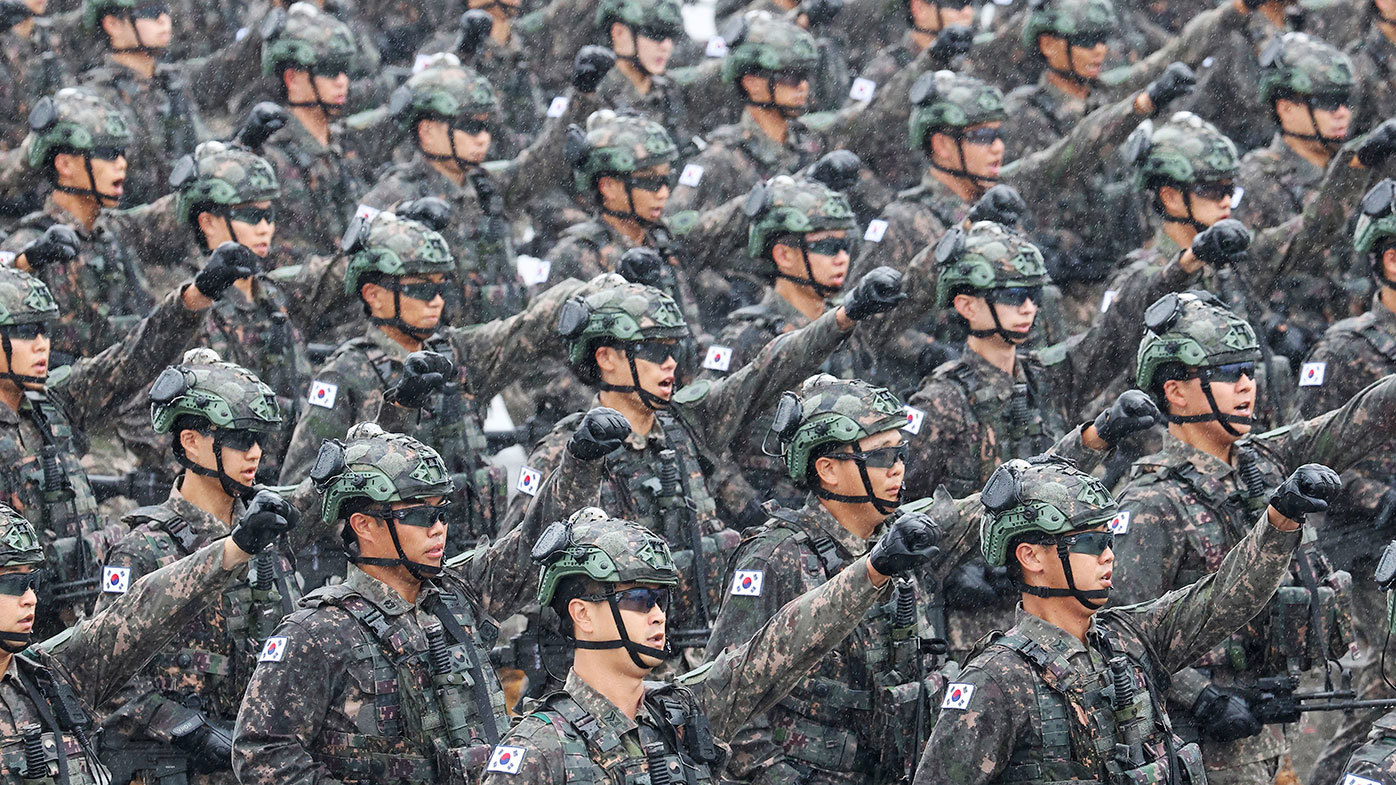 South Korean troops march during a celebration to mark the 75th anniversary of Armed Forces Day.