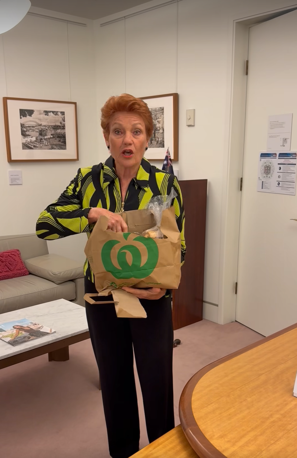 Pauline Hanson One Nation senator Queensland Woolworths shopping bag