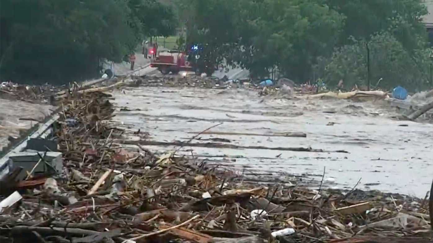 Water rises from severe flooding along the Guadalupe River.in Kerr County, Texas.